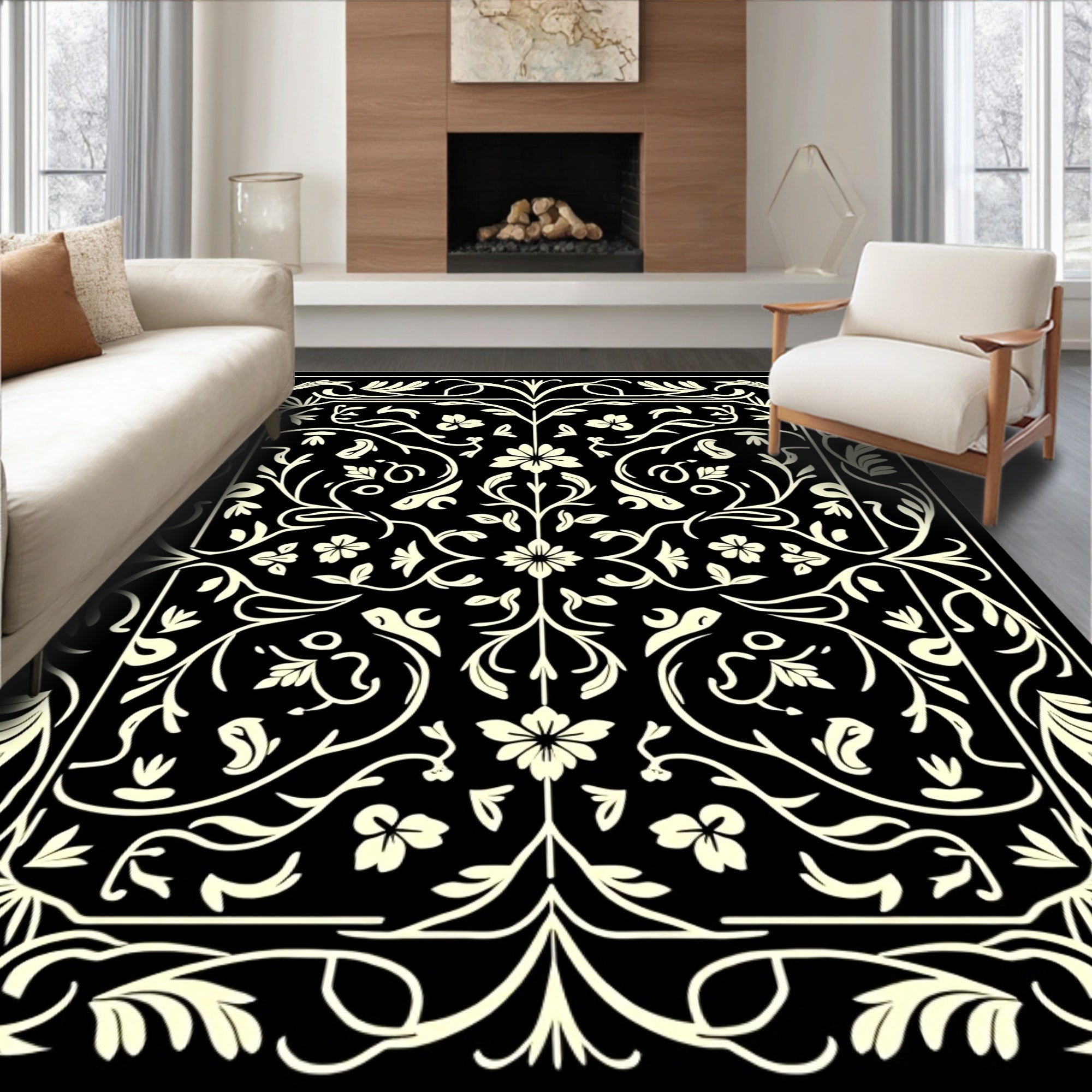 Cream Floral Swirls Black Elegance Rug