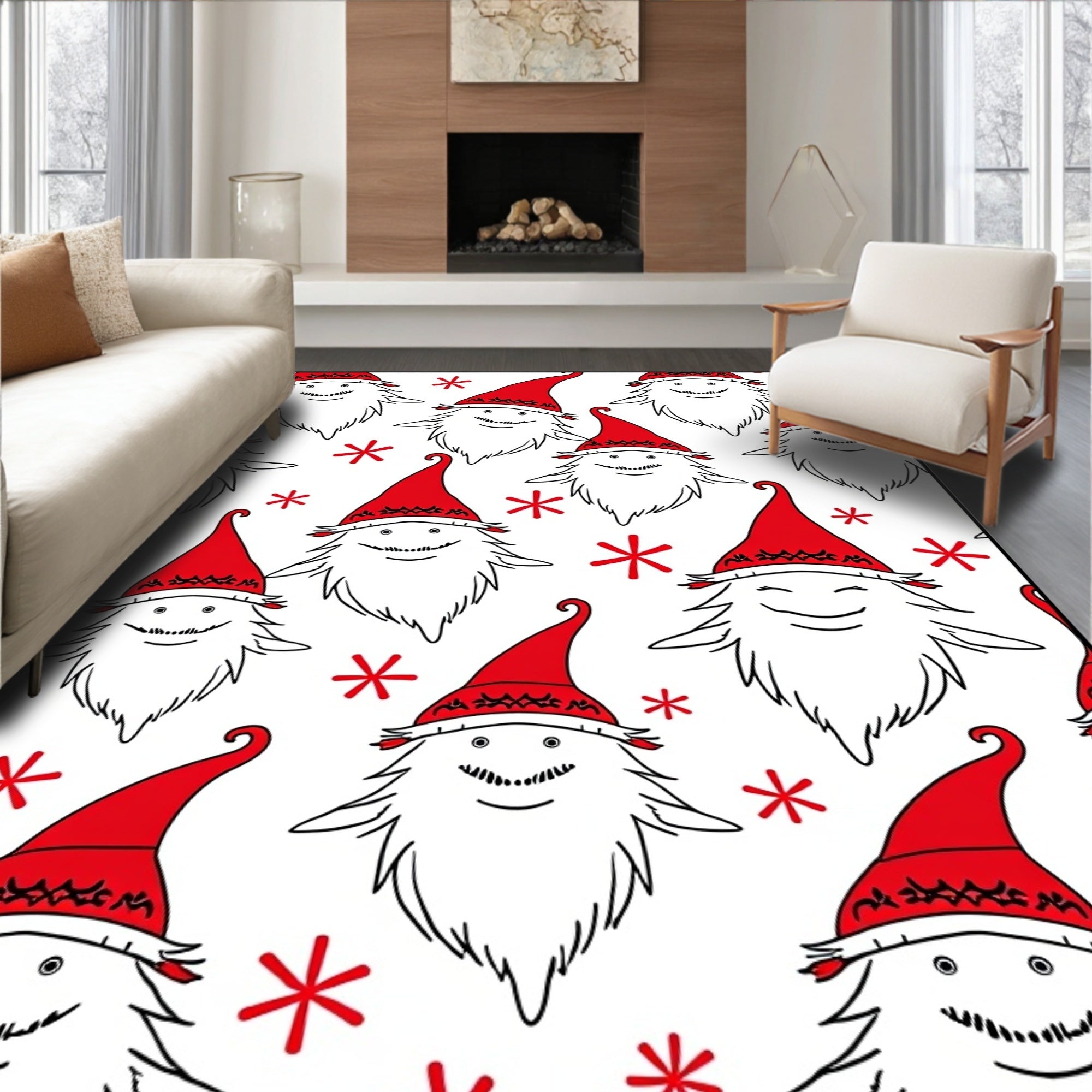Christmas Gnome Red Hat Whimsical Snowflakes Rug