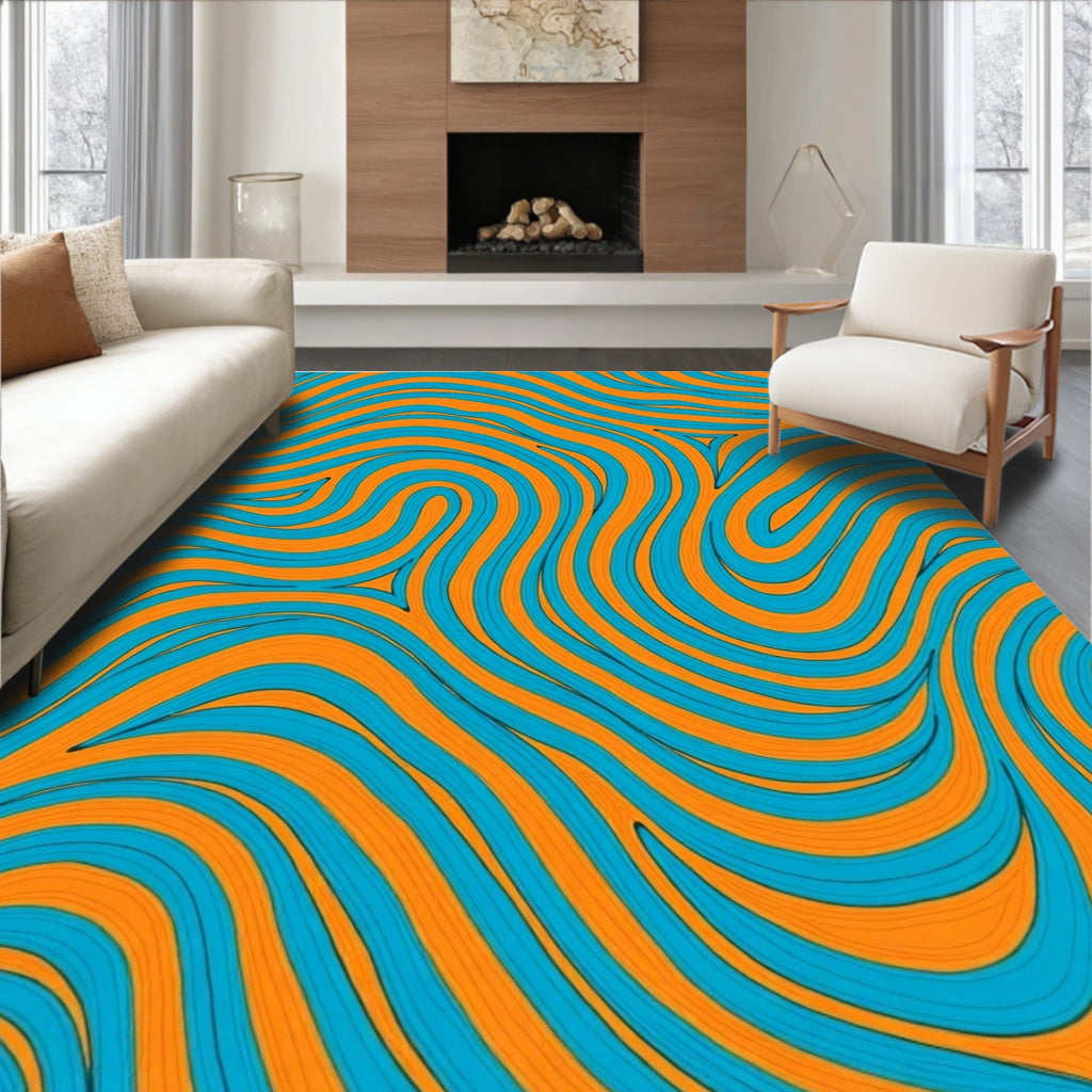 Flowing Orange Teal Abstract Pattern Rug