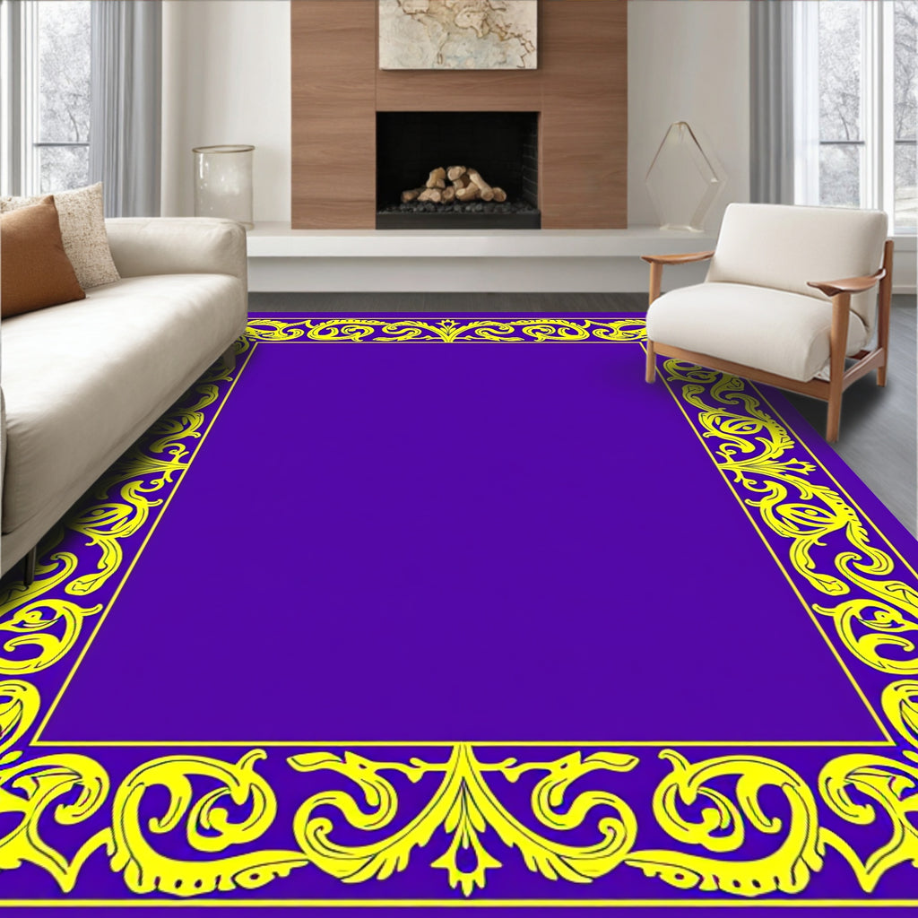 Ornate Yellow Floral Scroll Border Design Rug