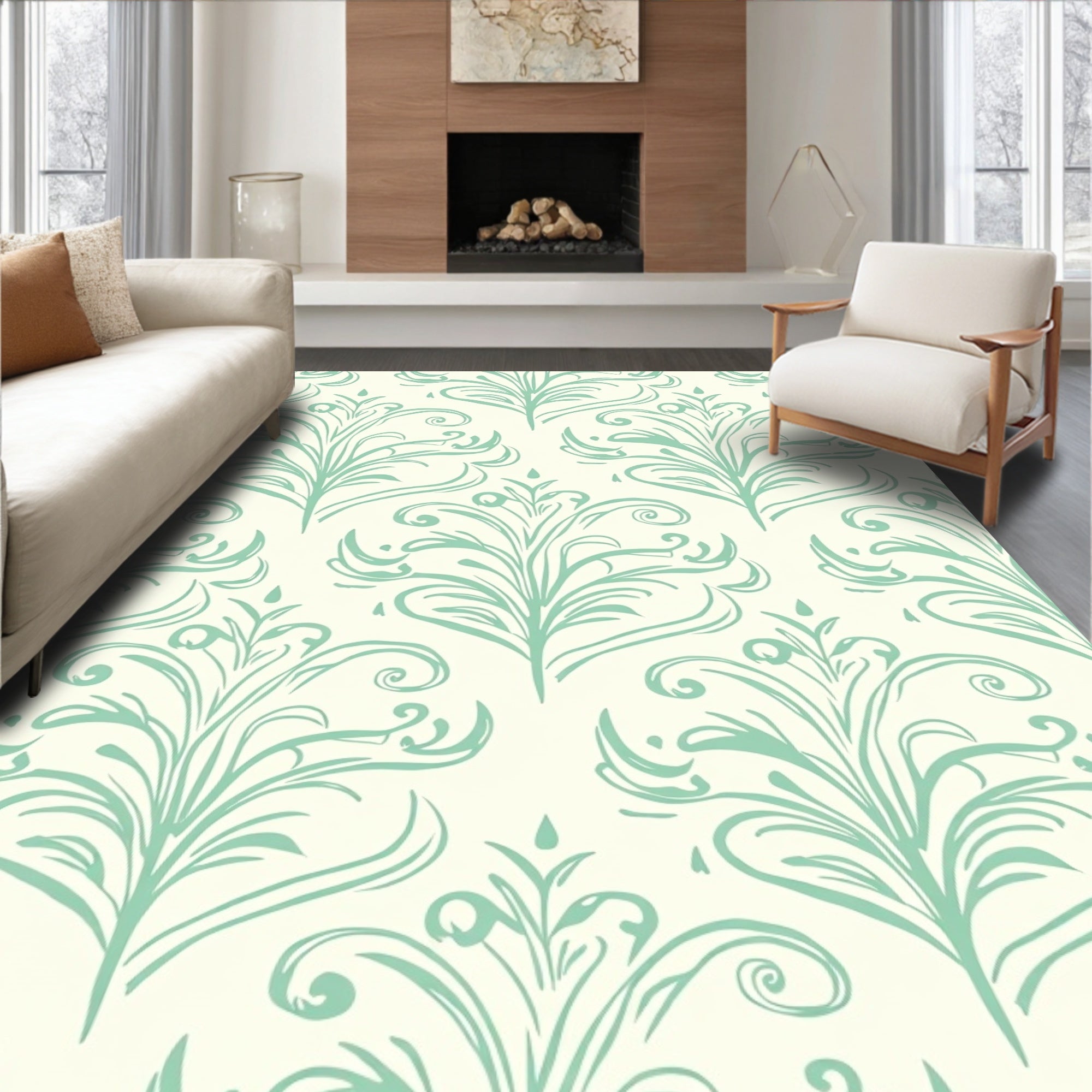 Mint Green Watercolor Damask Pattern Rug