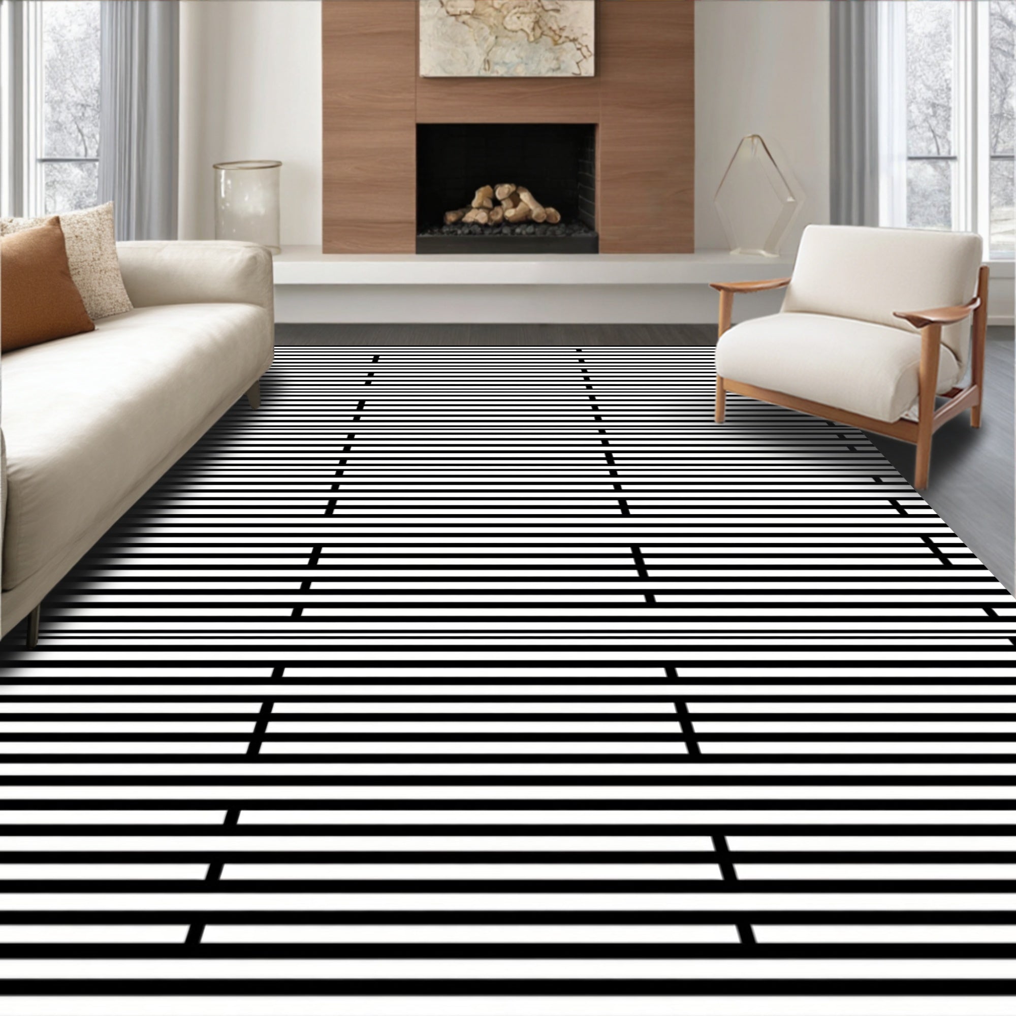 Modern Black White Horizontal Line Pattern Rug