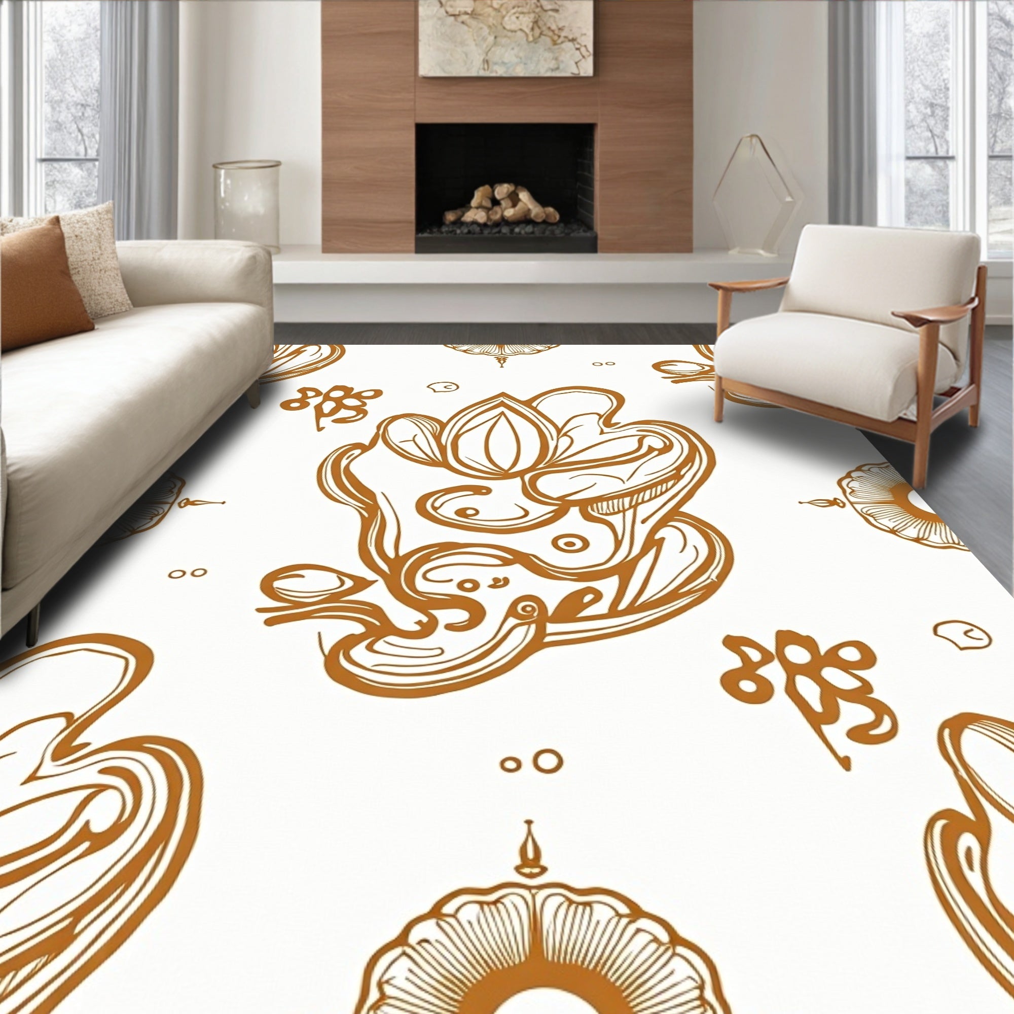 Gold Floral Ink Sketch Pattern Rug
