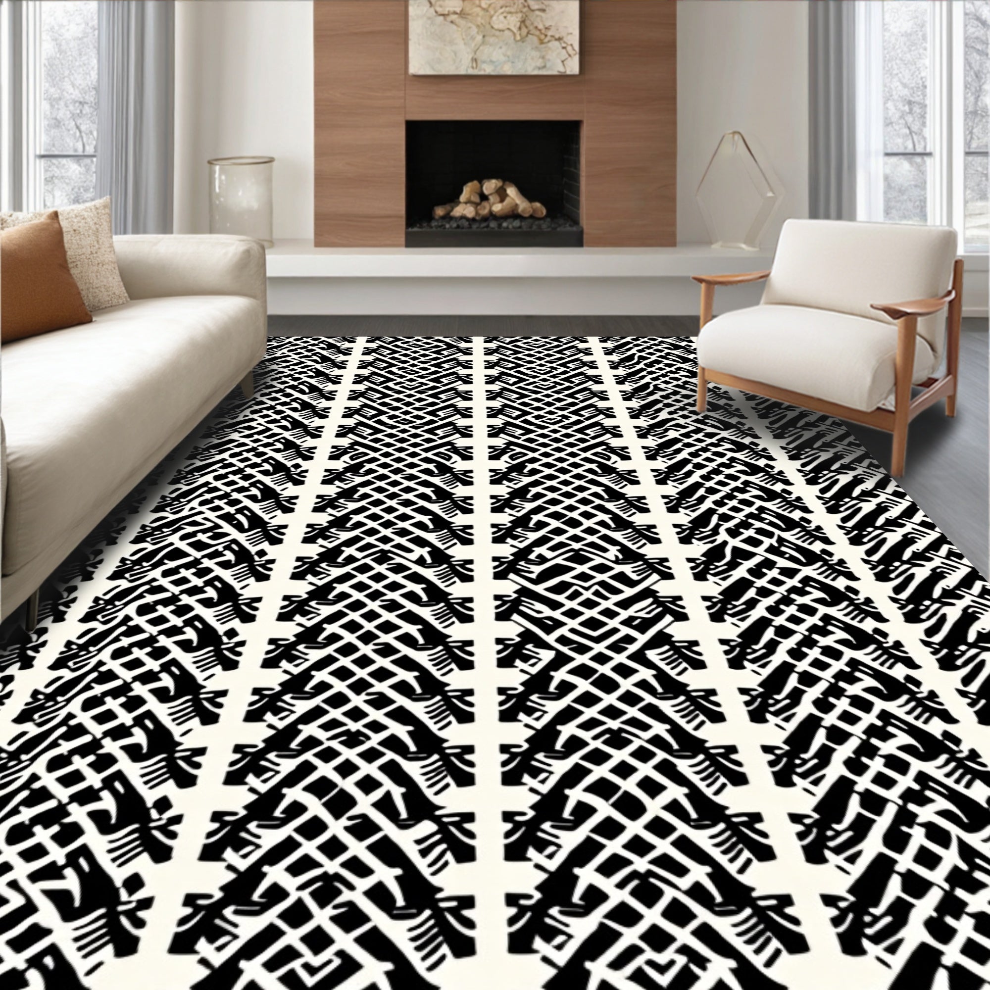 Bold Black White Geometric Stripe Rug
