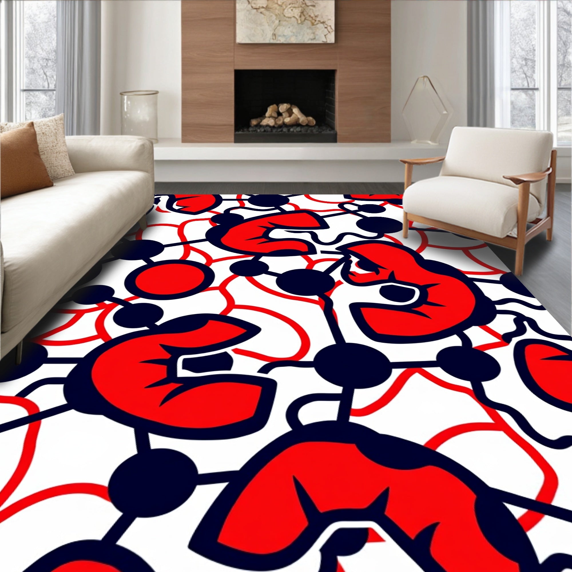Bold Red Black Abstract Molecular Pattern Rug