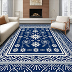 Navy White Snowflake Floral Pattern Rug