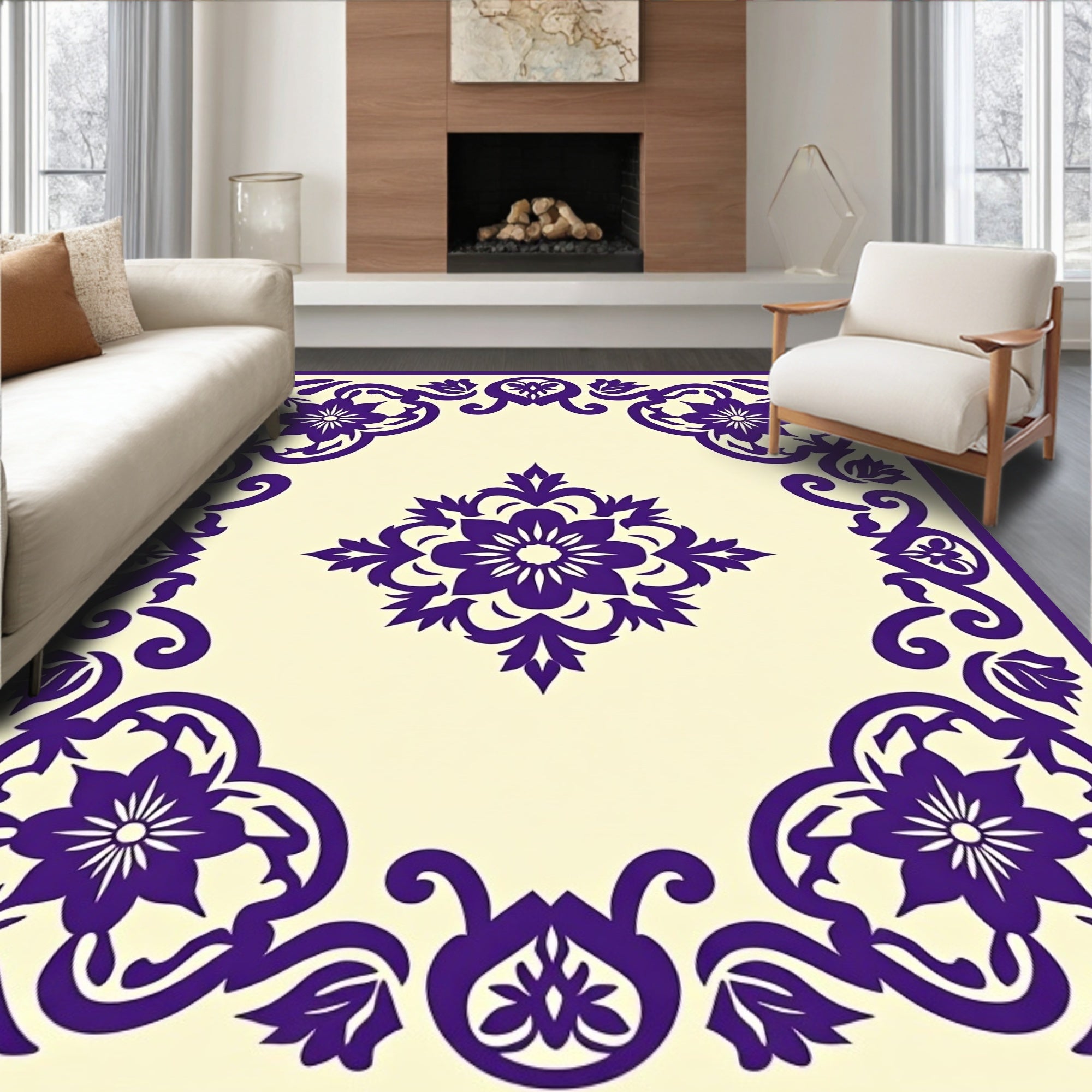 Ornate Floral Damask Pattern Tile Rug