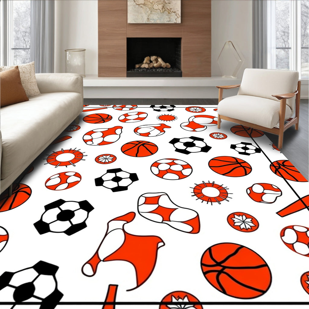Sporty Balls Pattern White Orange Rug