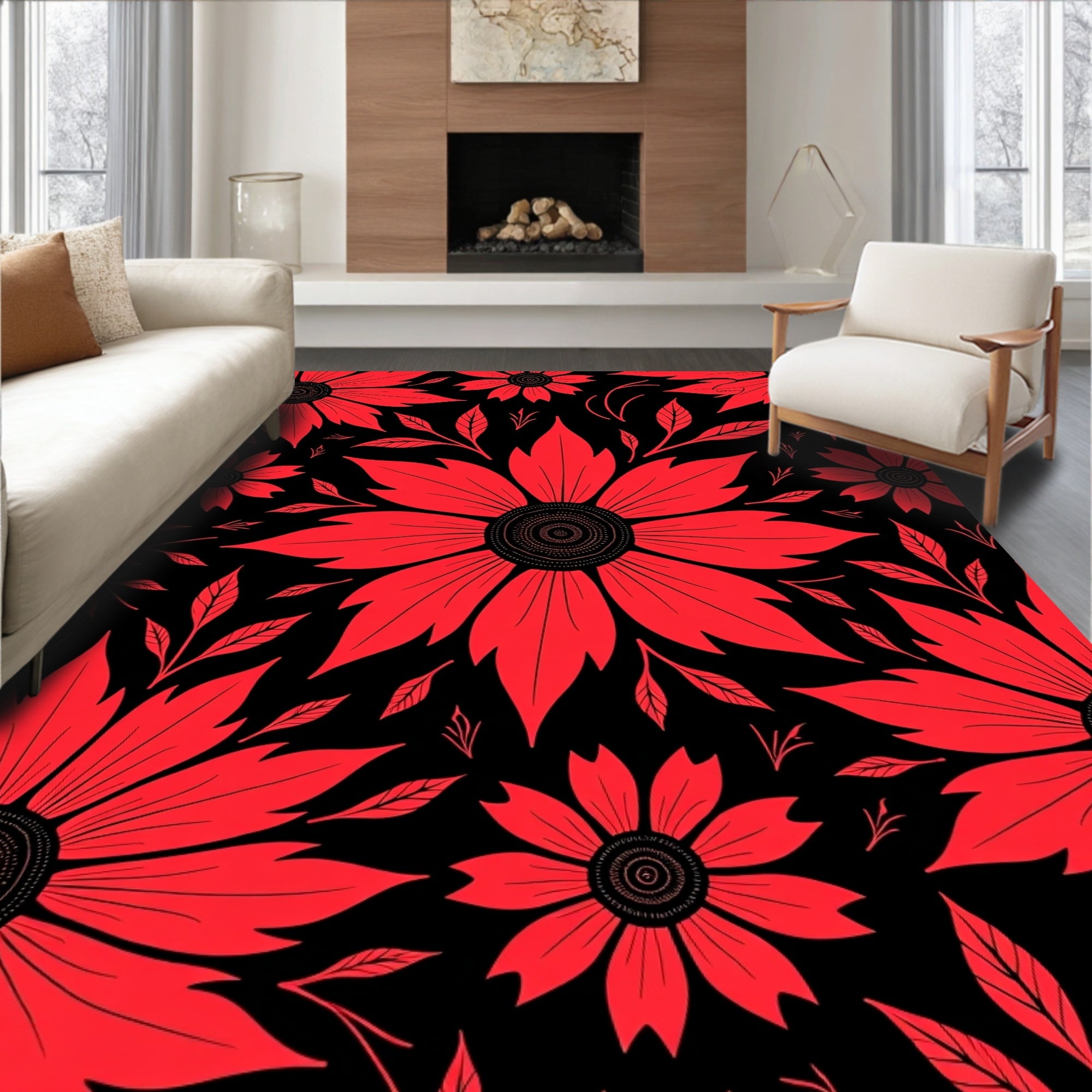 Bold Red Floral Botanical Pattern Rug