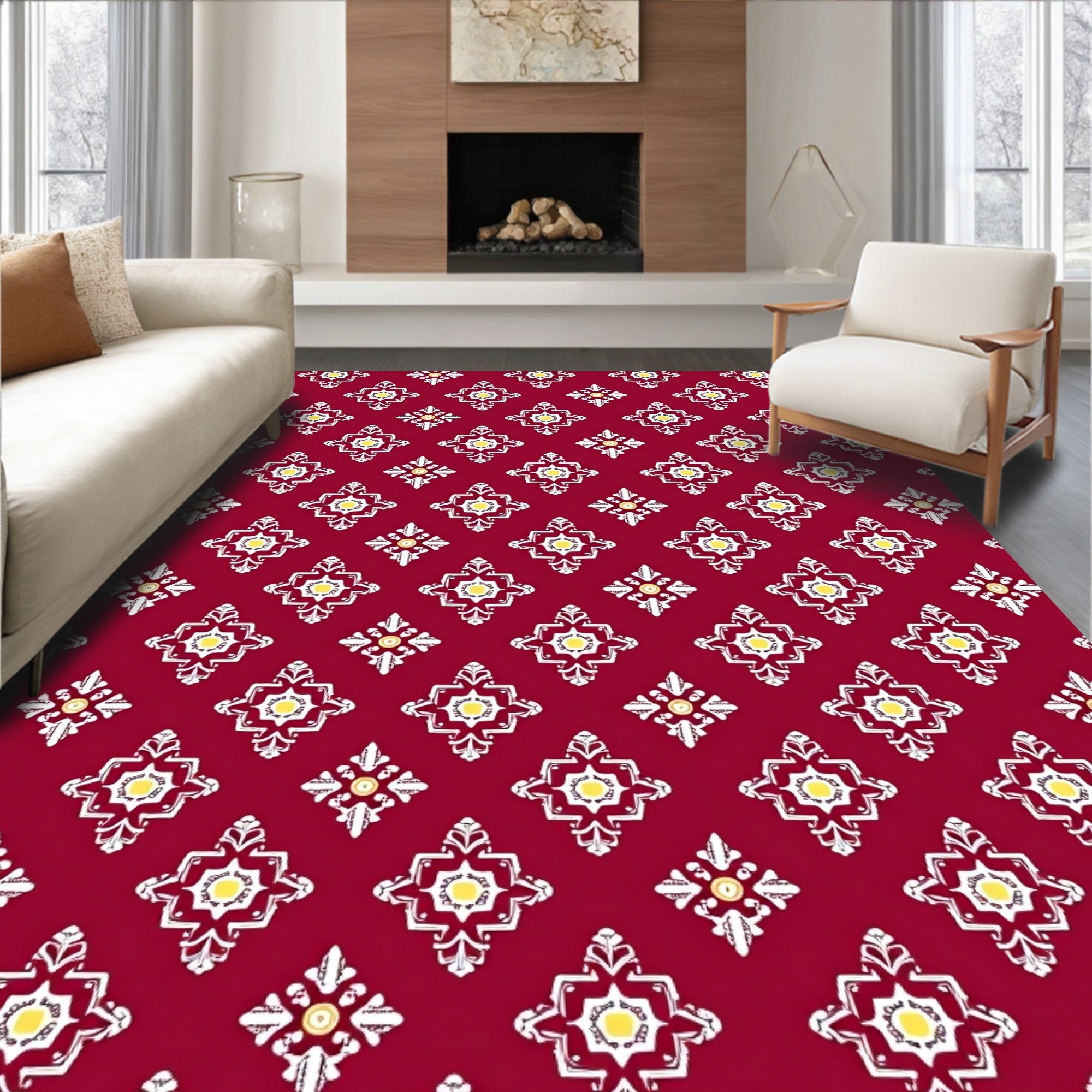 Classic Red Floral Geometric Pattern Rug