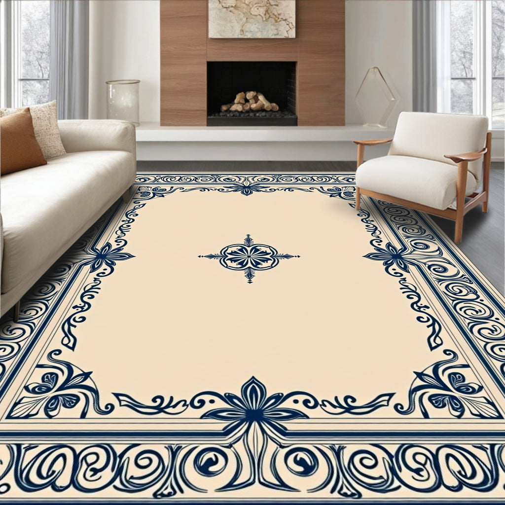 Navy Floral Border Ornate Design Rug
