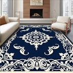 Elegant Ivory Scrollwork Navy Rug