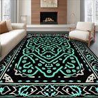 Black Aqua Intricate Floral Border Rug