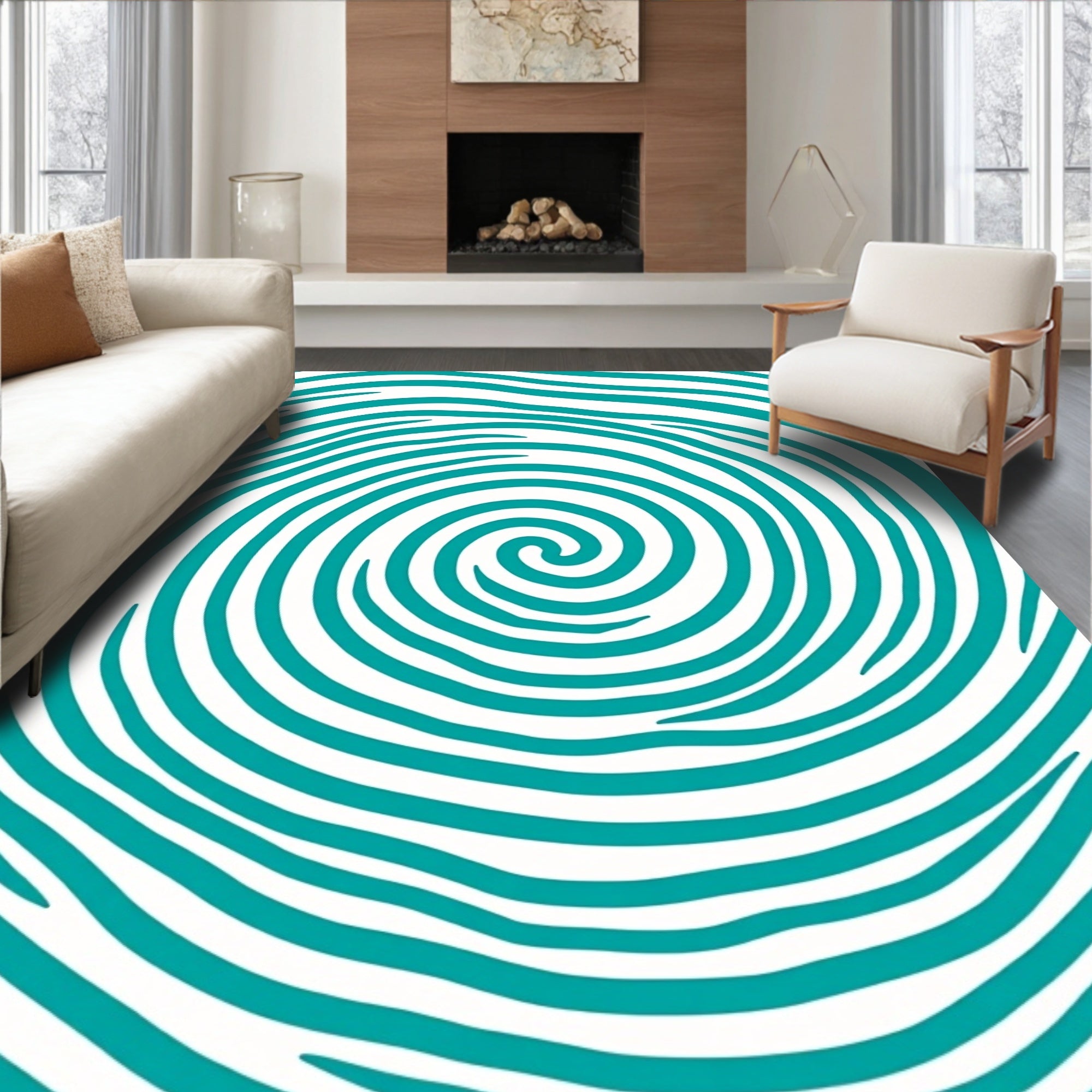 Turquoise Wavy Spiral Pattern Rug