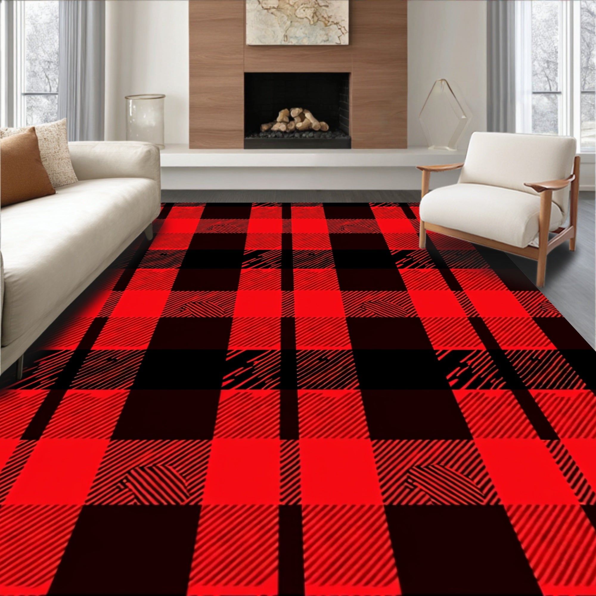 Classic Red Black Plaid Pattern Rug