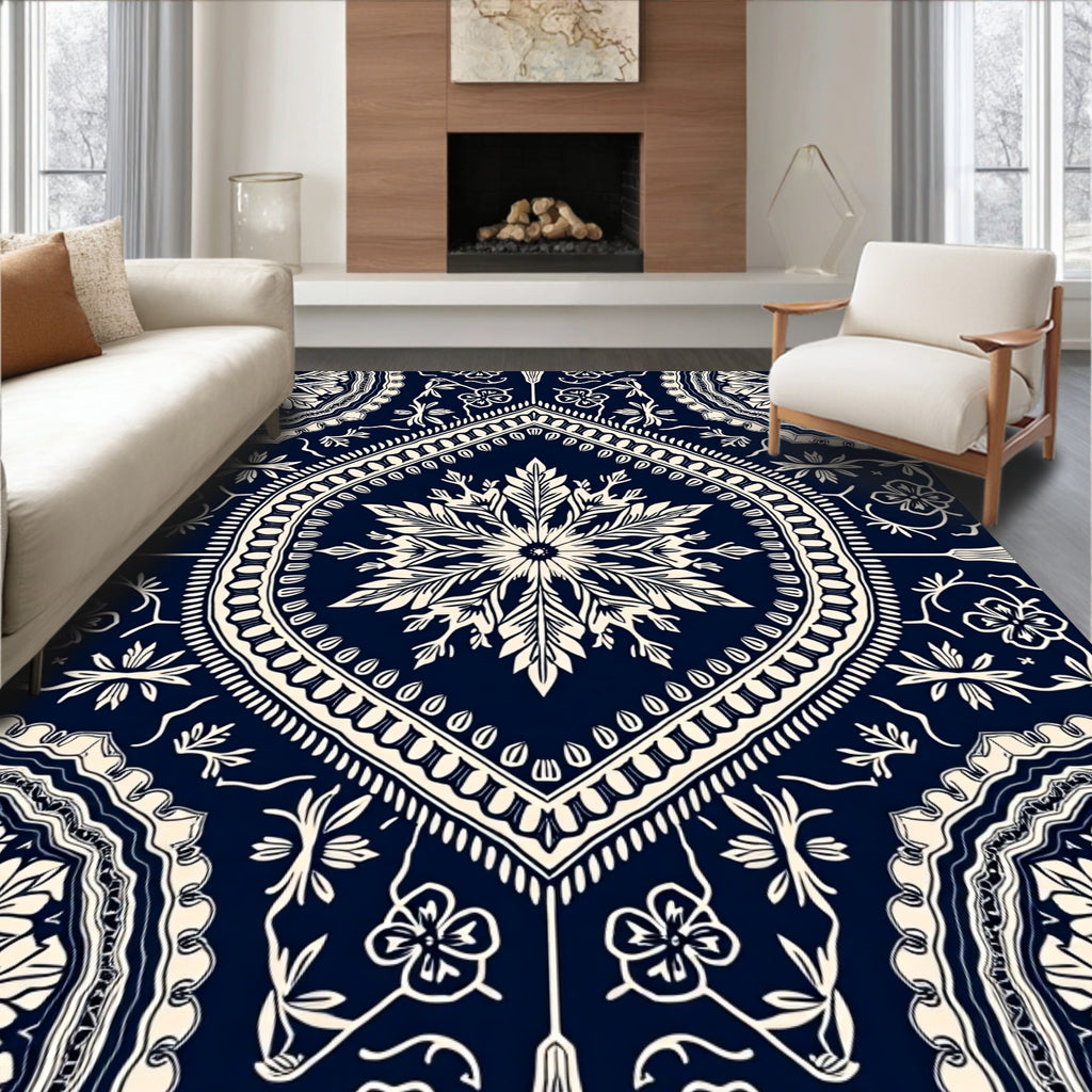 Intricate Paisley Floral Dark Navy Cream Design Rug