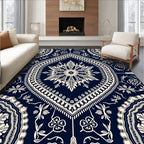 Intricate Paisley Floral Dark Navy Cream Design Rug