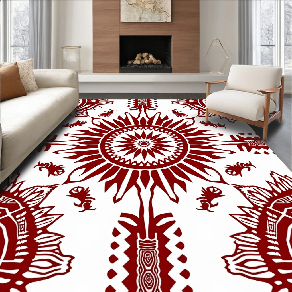 Deep Red Sunburst Mandala Botanical Design Rug