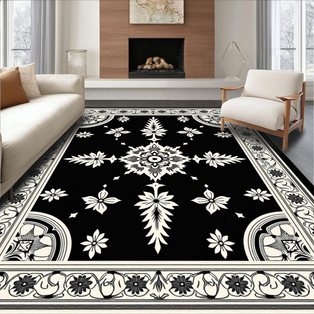 Ornate Black White Blossom Scroll Rug