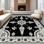 Ornate Black White Blossom Scroll Rug