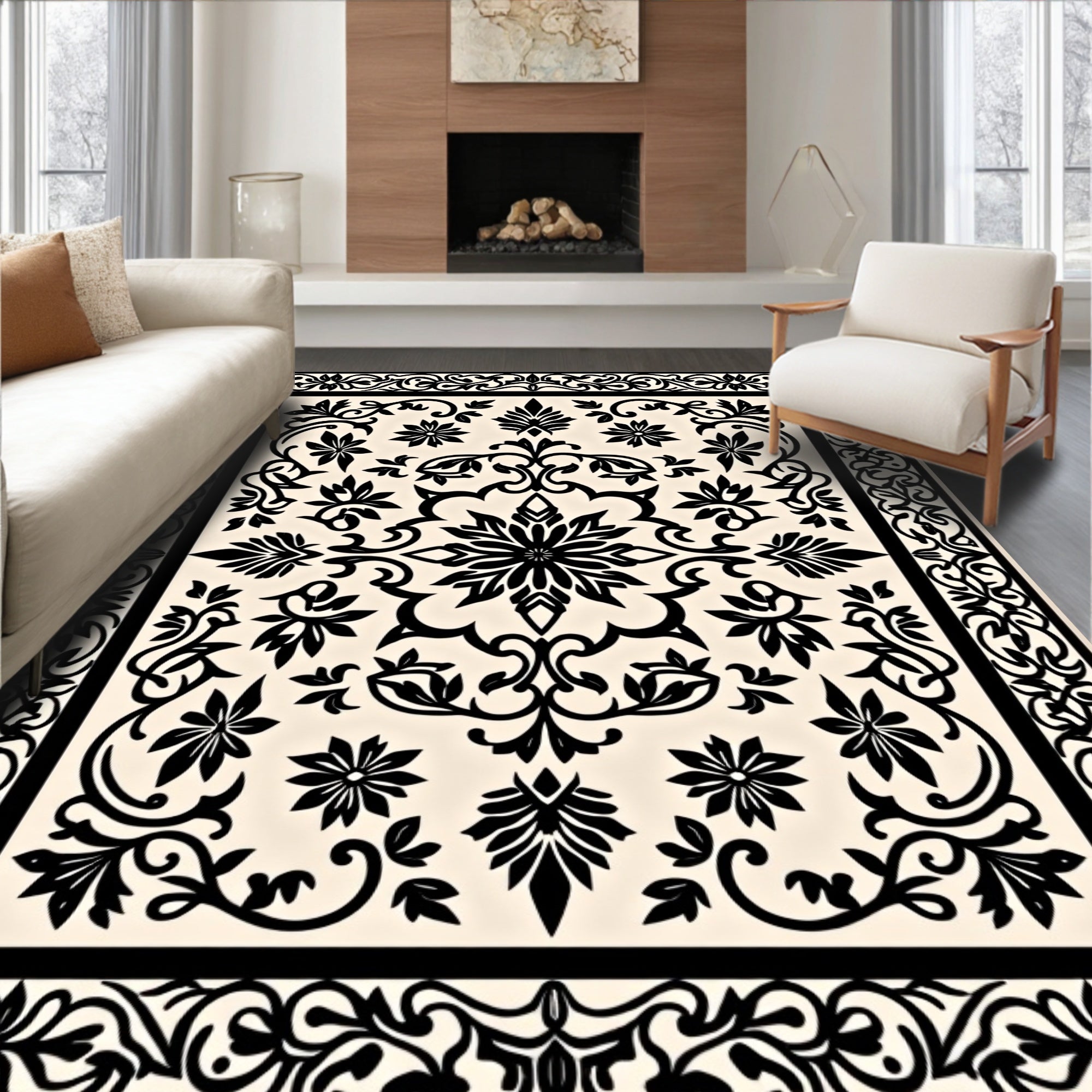 Elegant Black Floral Scrollwork Design Rug
