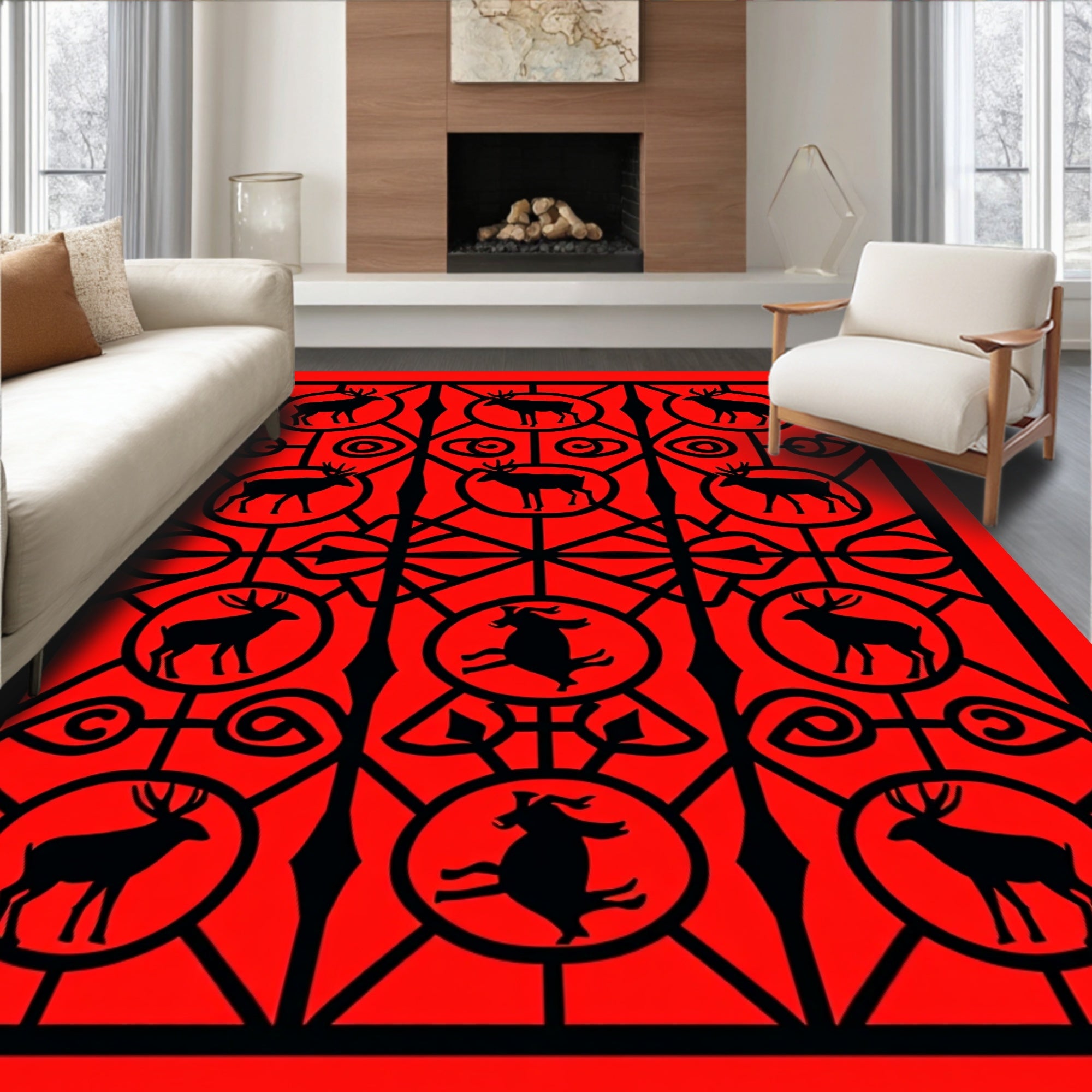 Black Deer Geometric Pattern Rug