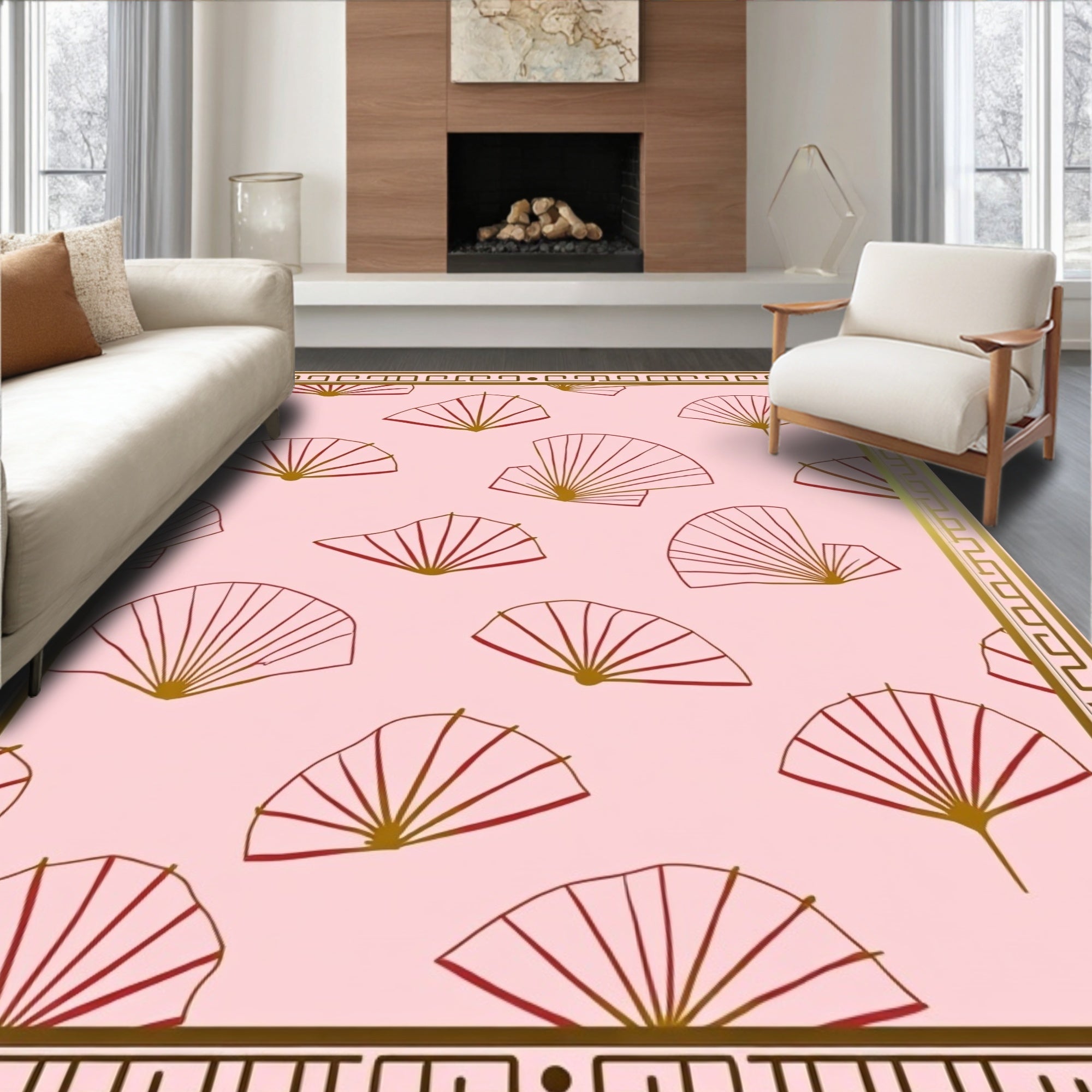 Pink Fan Pattern with Golden Border Rug