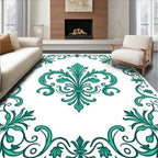 Teal Floral Scroll Border Design Rug