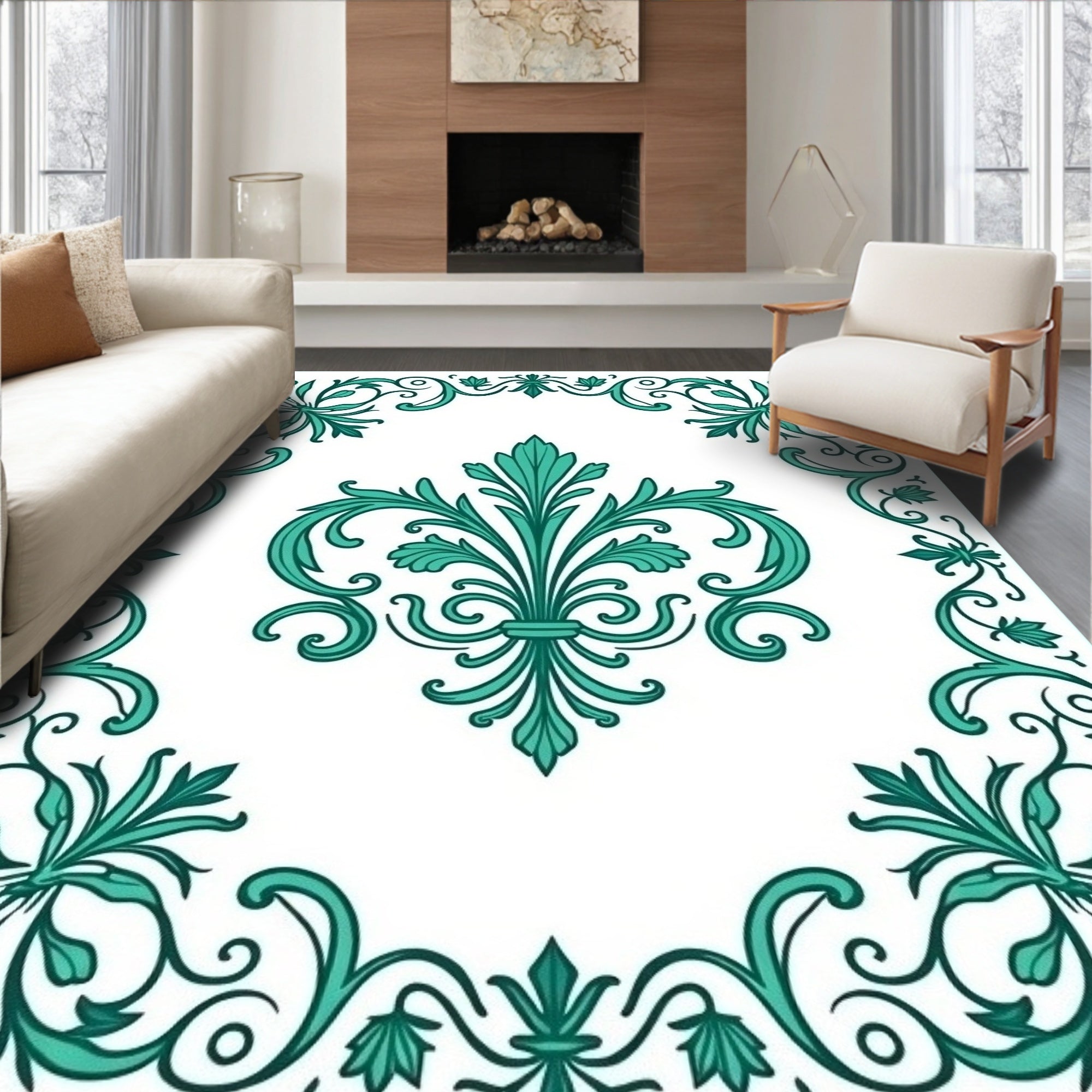 Teal Floral Scroll Border Design Rug