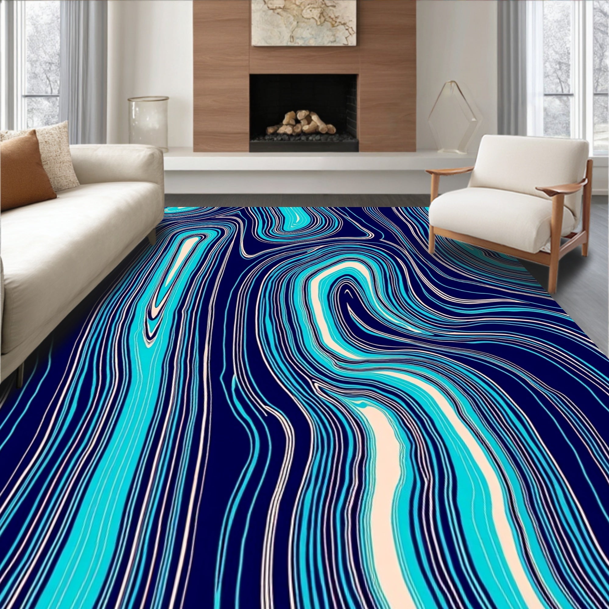 Abstract Swirl Blue Cream Rug