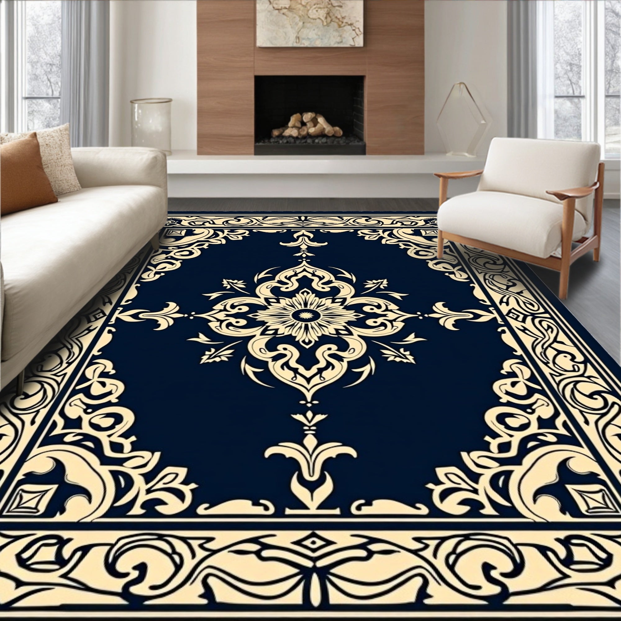 Classic Floral Scrollwork Dark Indigo Rug