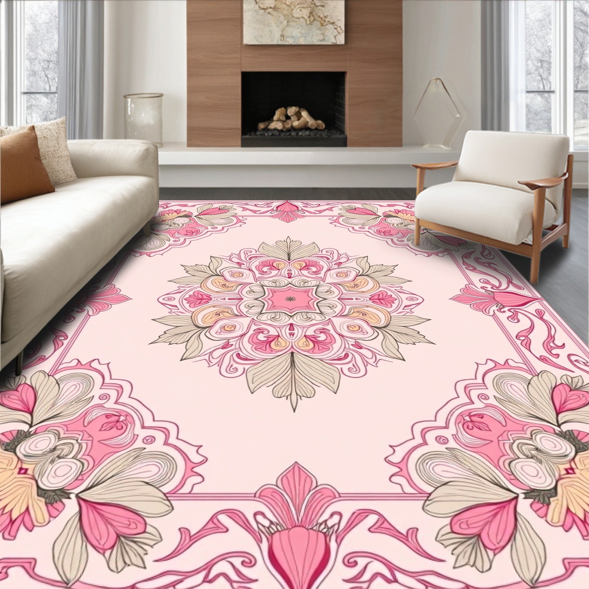 Pink Floral Mandala Frame Pattern Rug