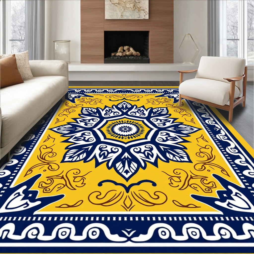 Yellow Blue Floral Medallion Design Rug