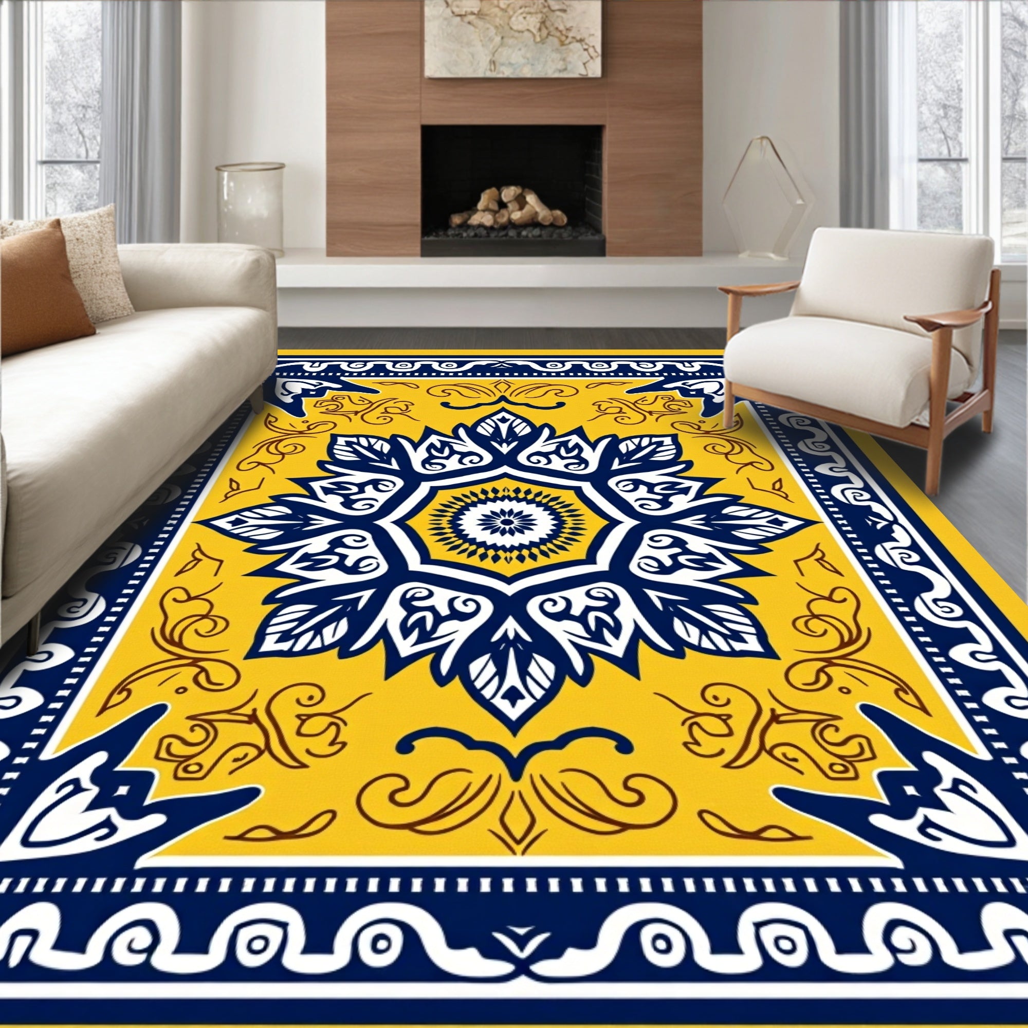 Yellow Blue Floral Medallion Design Rug