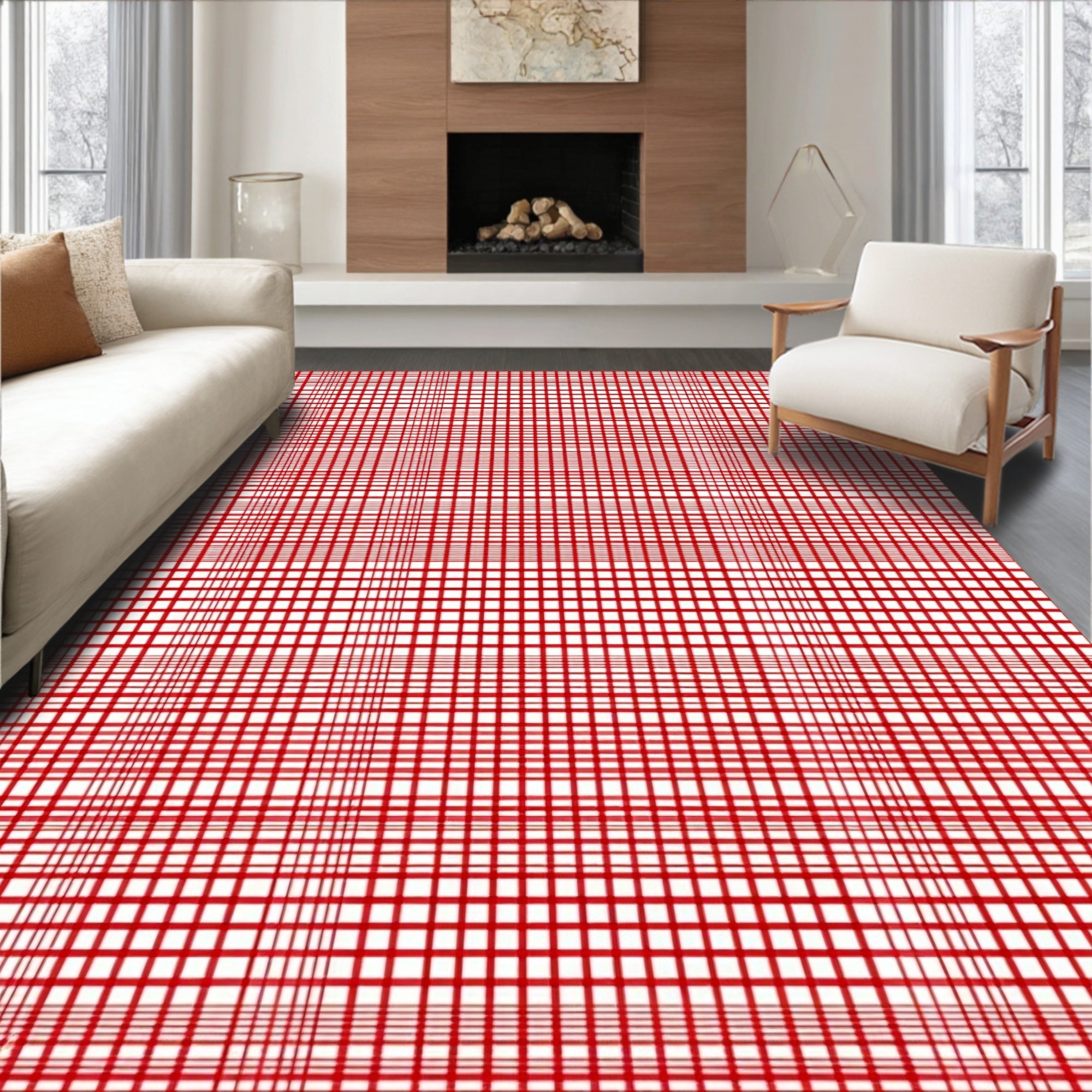 Red Gridded Modern Pattern Rug