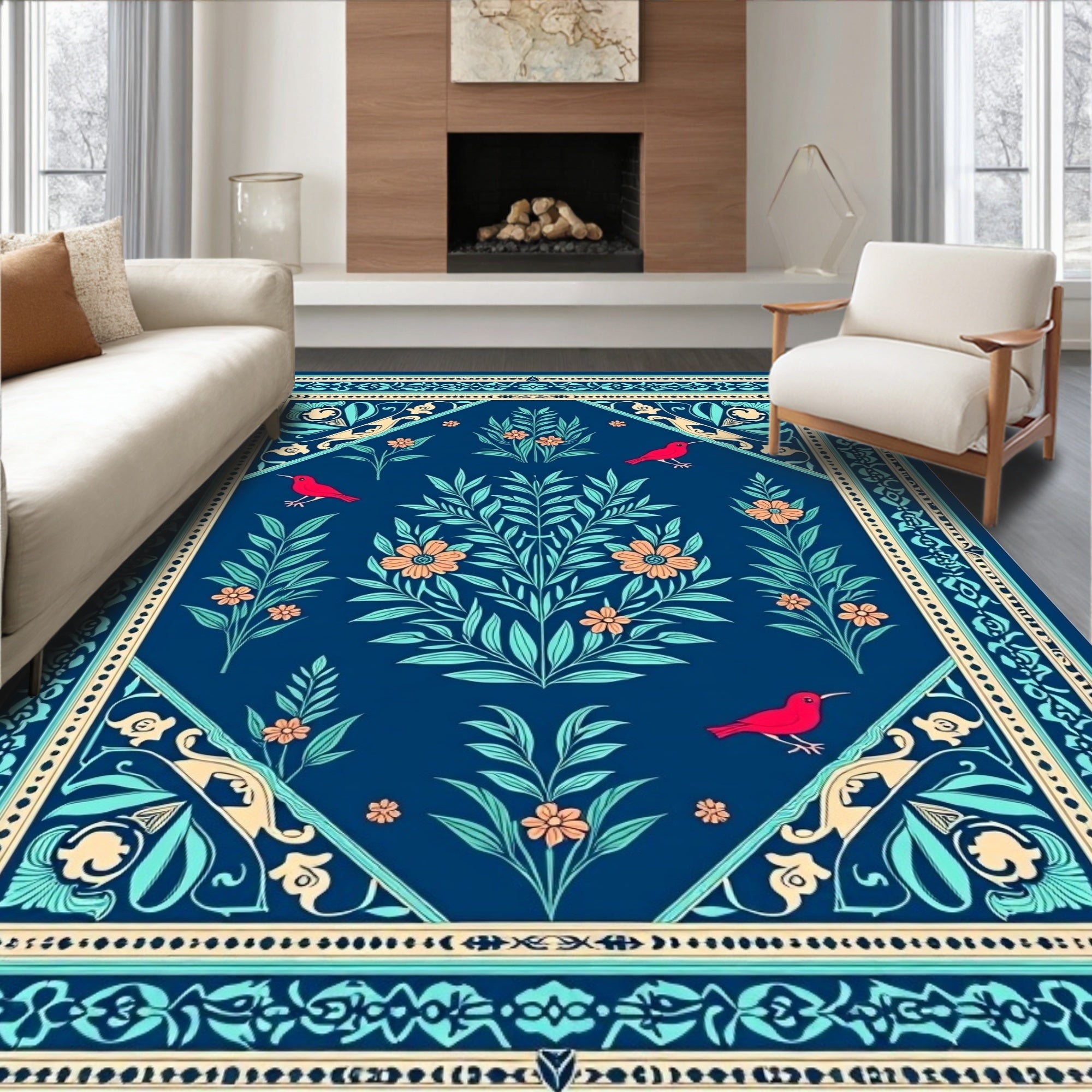 Deep Blue Floral Bird Tapestry Design Rug