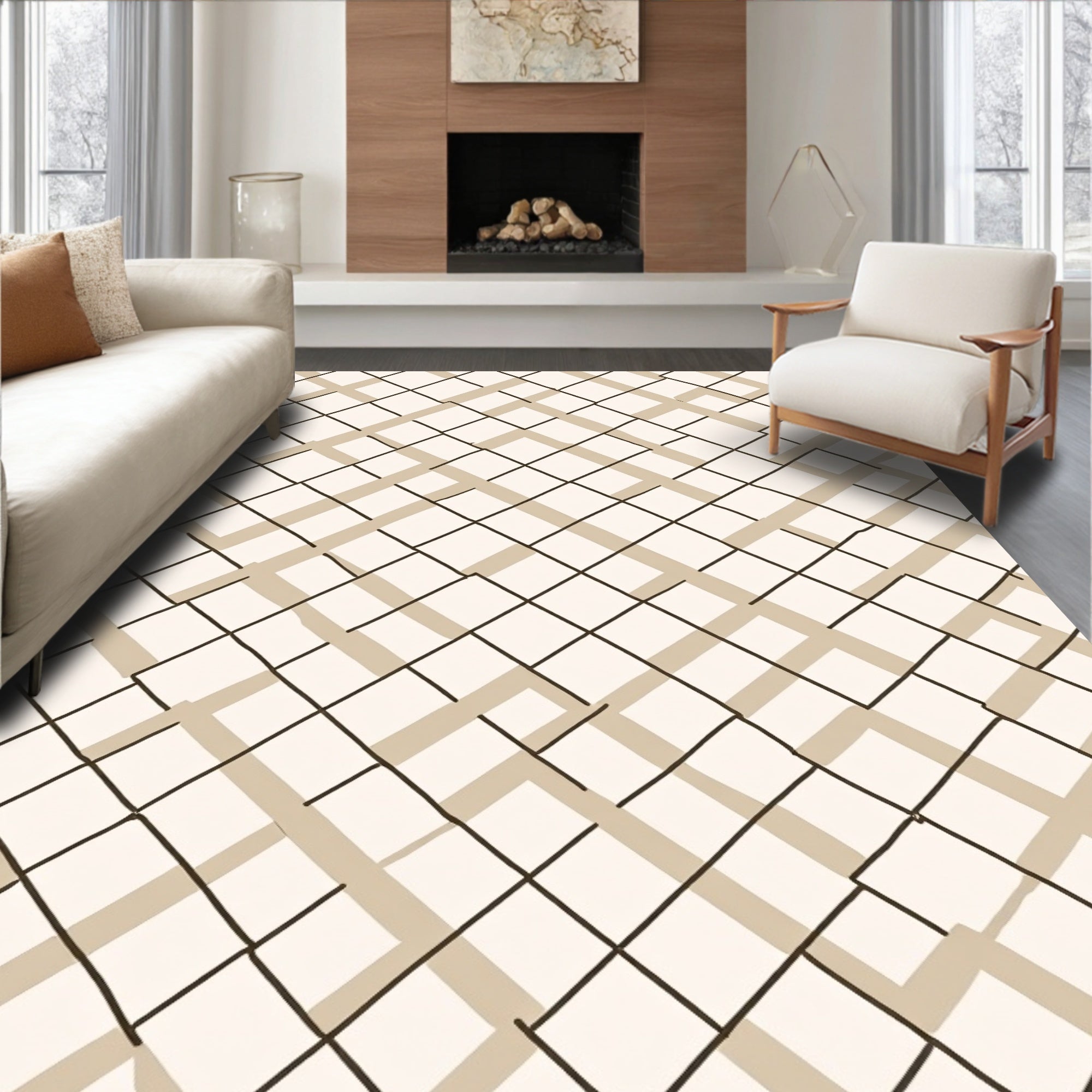 Tan Black Intersecting Grid Pattern Rug
