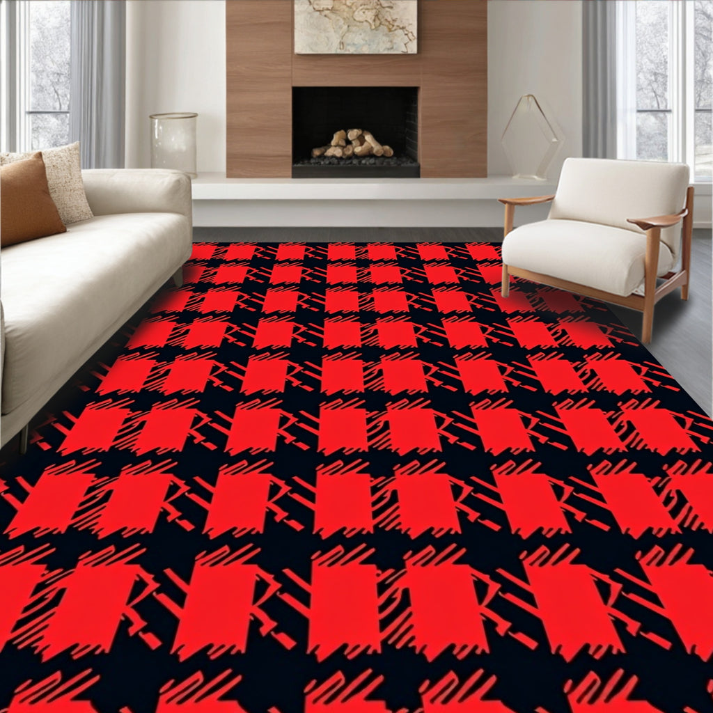 Bold Red Black Houndstooth Pattern Rug