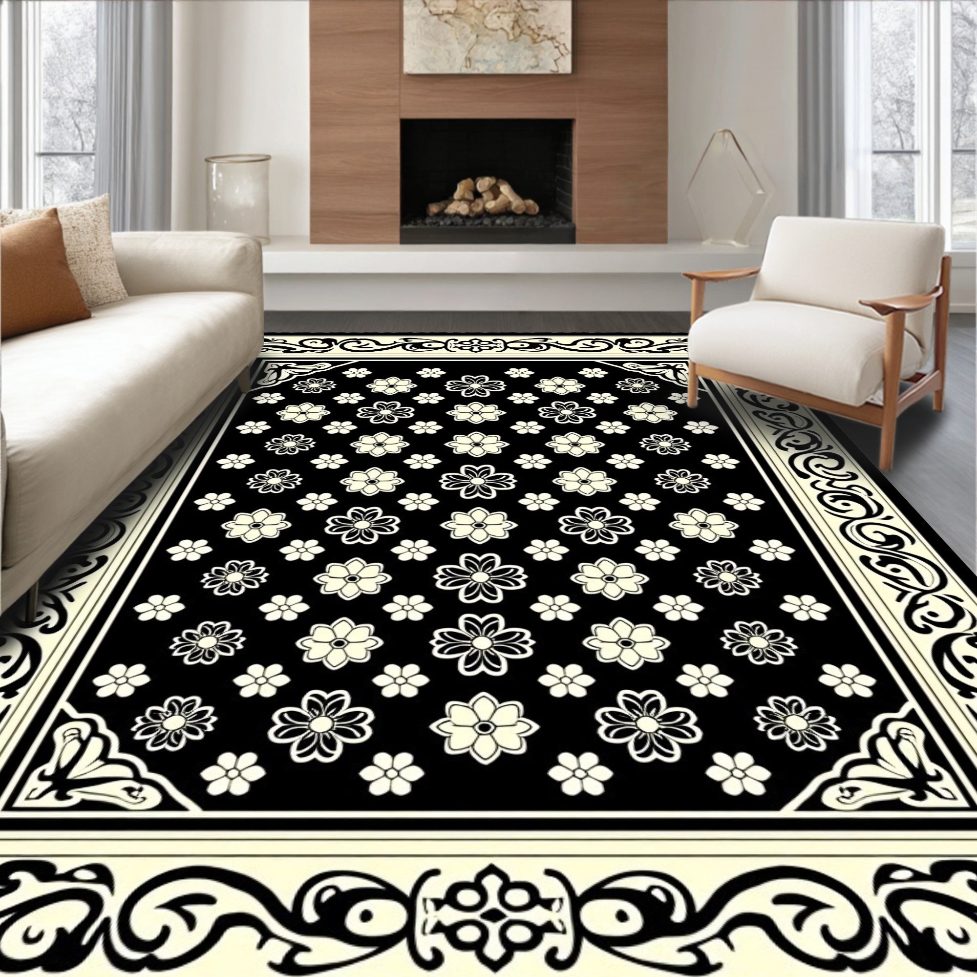 Elegant Black Floral Border Design Rug