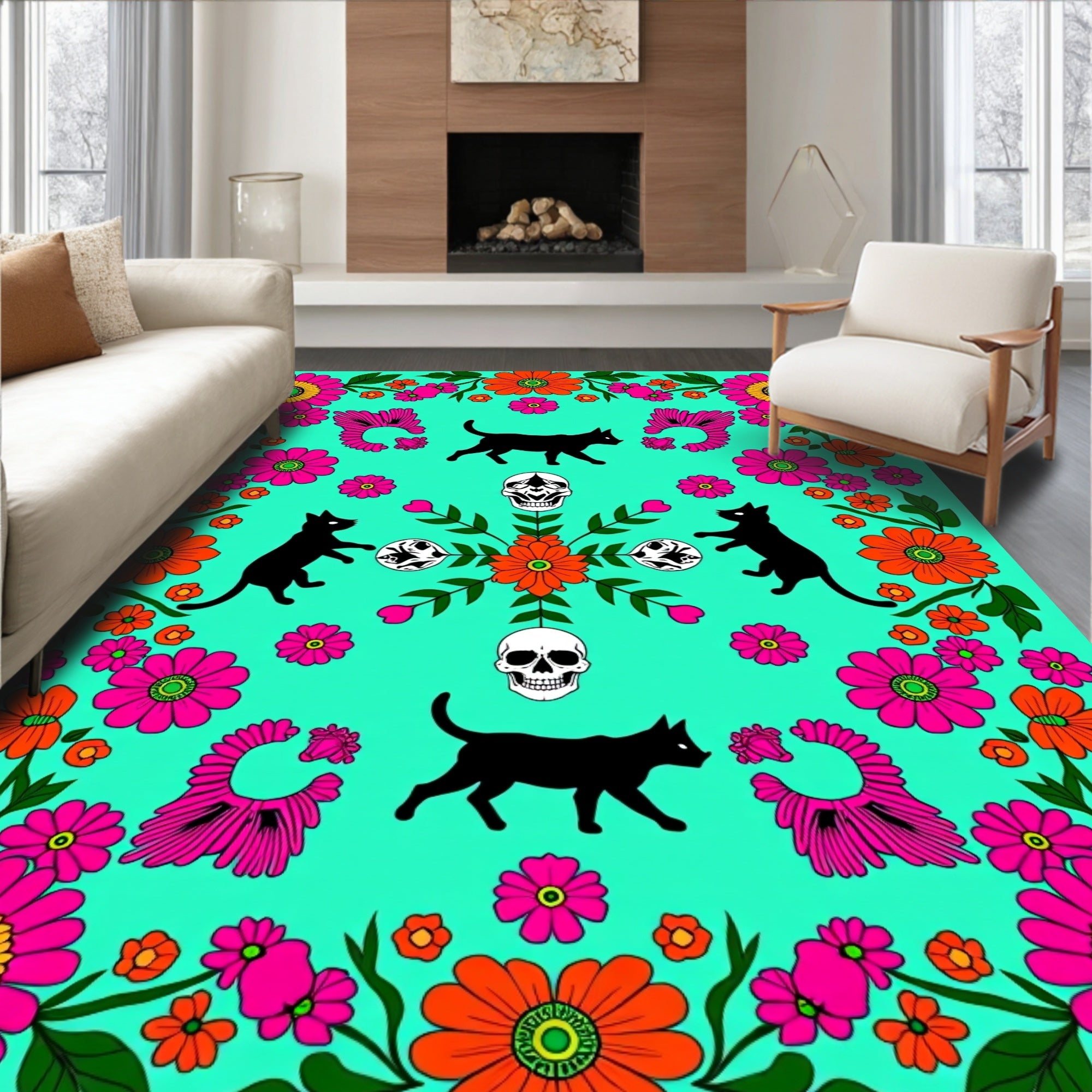 Whimsical Cats Skulls Floral Rug