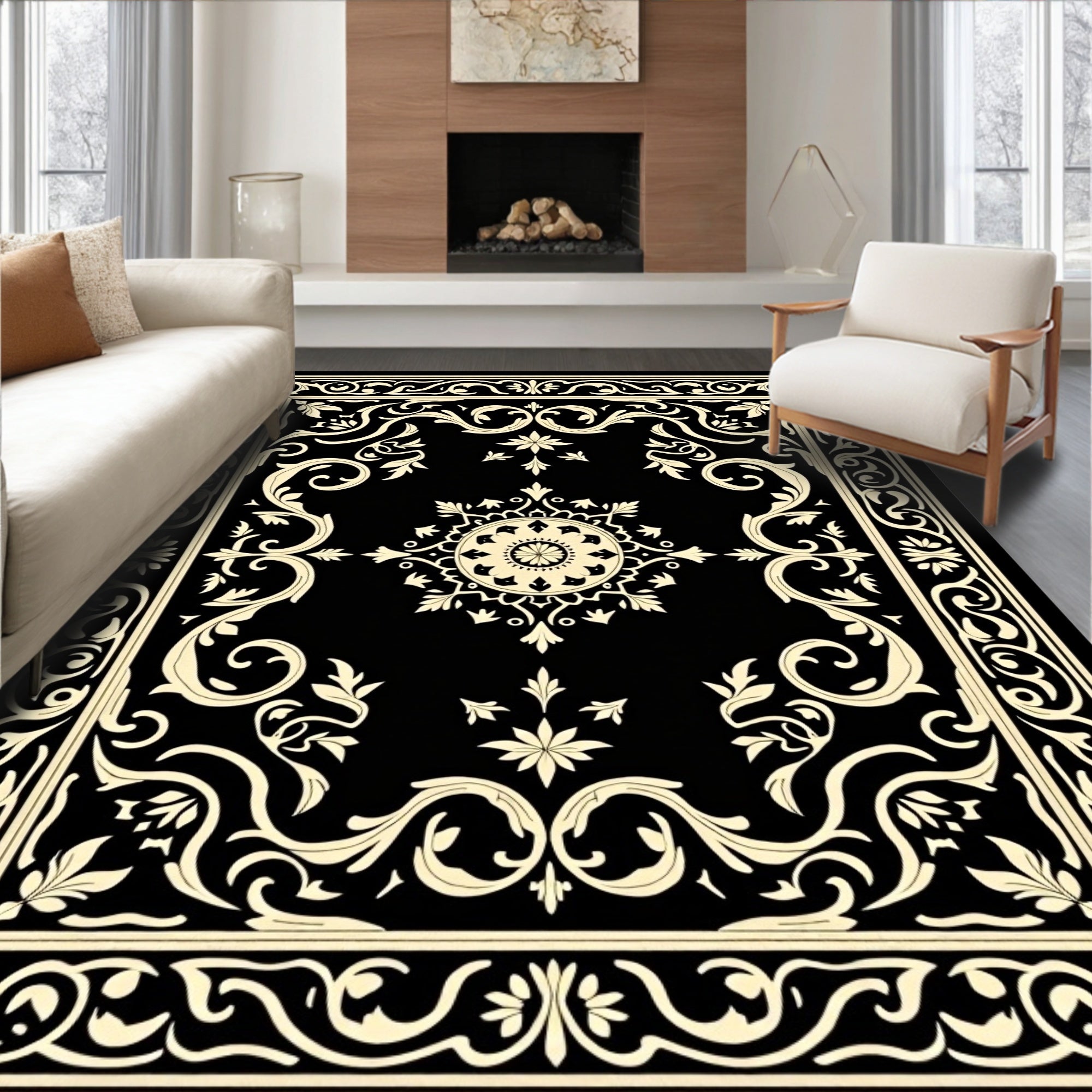 Black and Cream Floral Medallion Rug