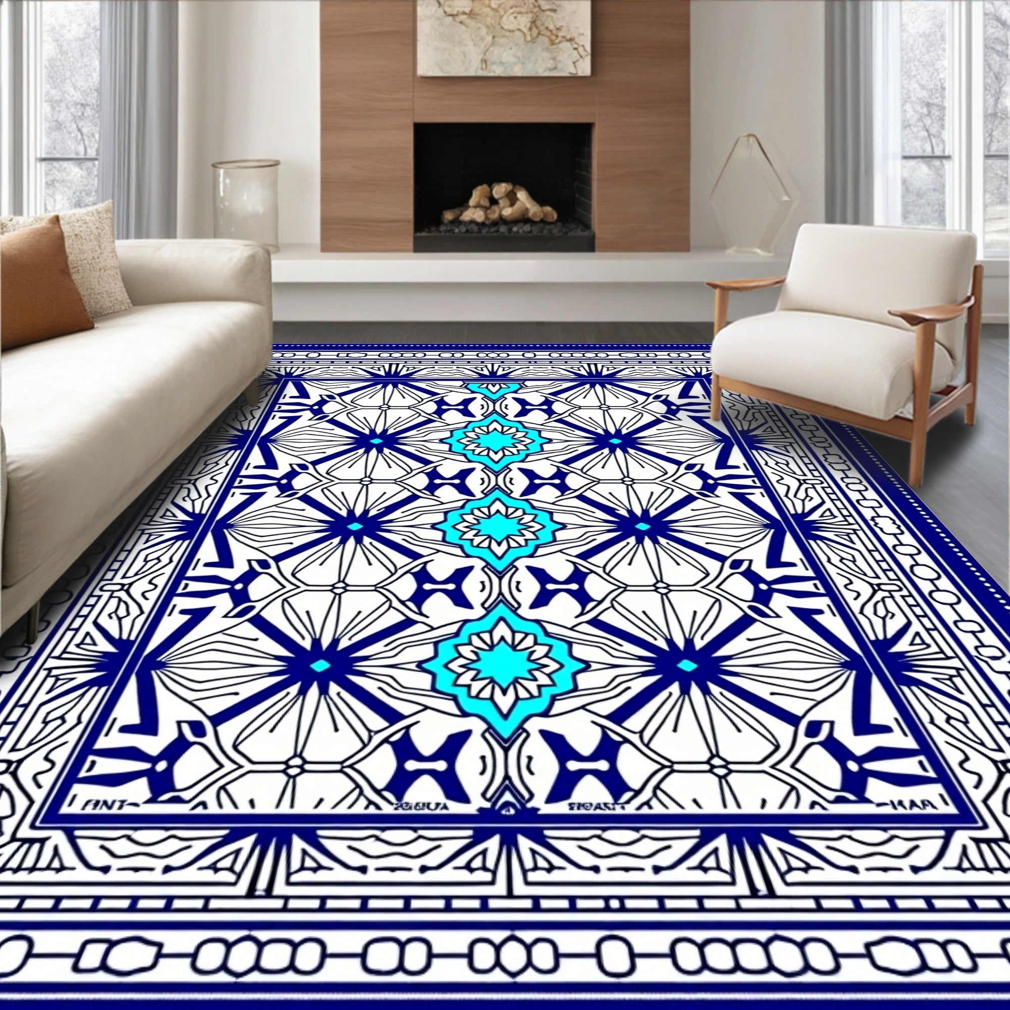 Intricate Blue Cyan Geometric Medallion Rug
