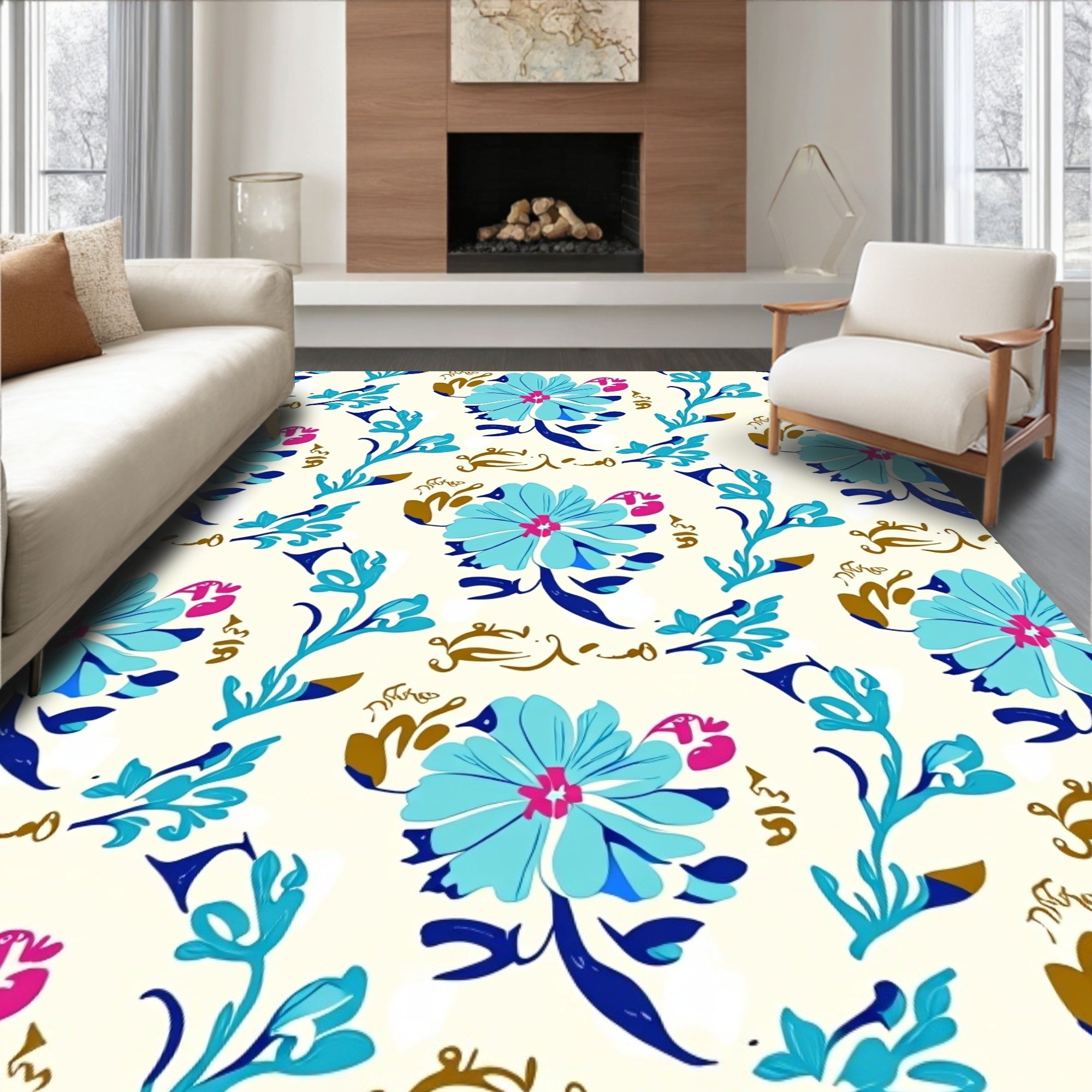 Floral Vining Patterned Blue Pink Rug
