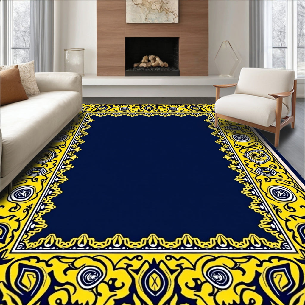 Bold Yellow Navy Floral Frame Design Rug