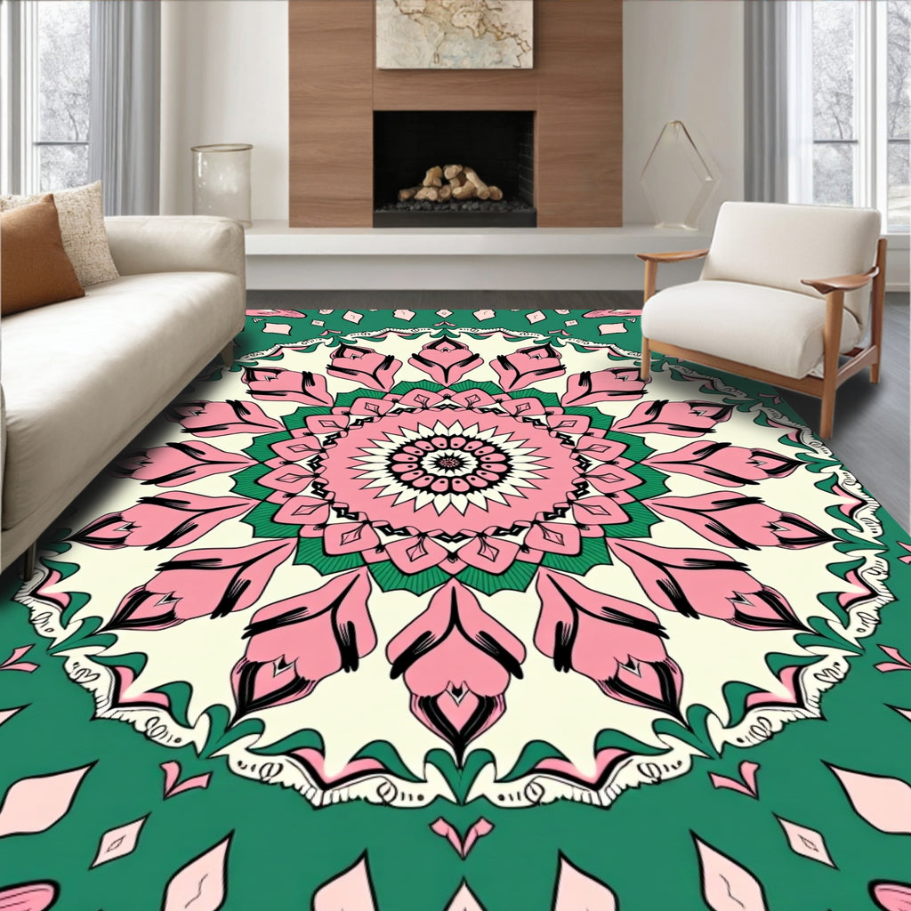 Pink Green Floral Mandala Rug