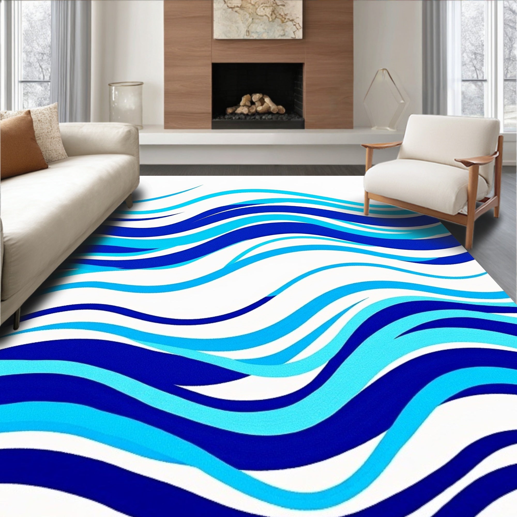 Abstract Blue Wave Pattern Rug