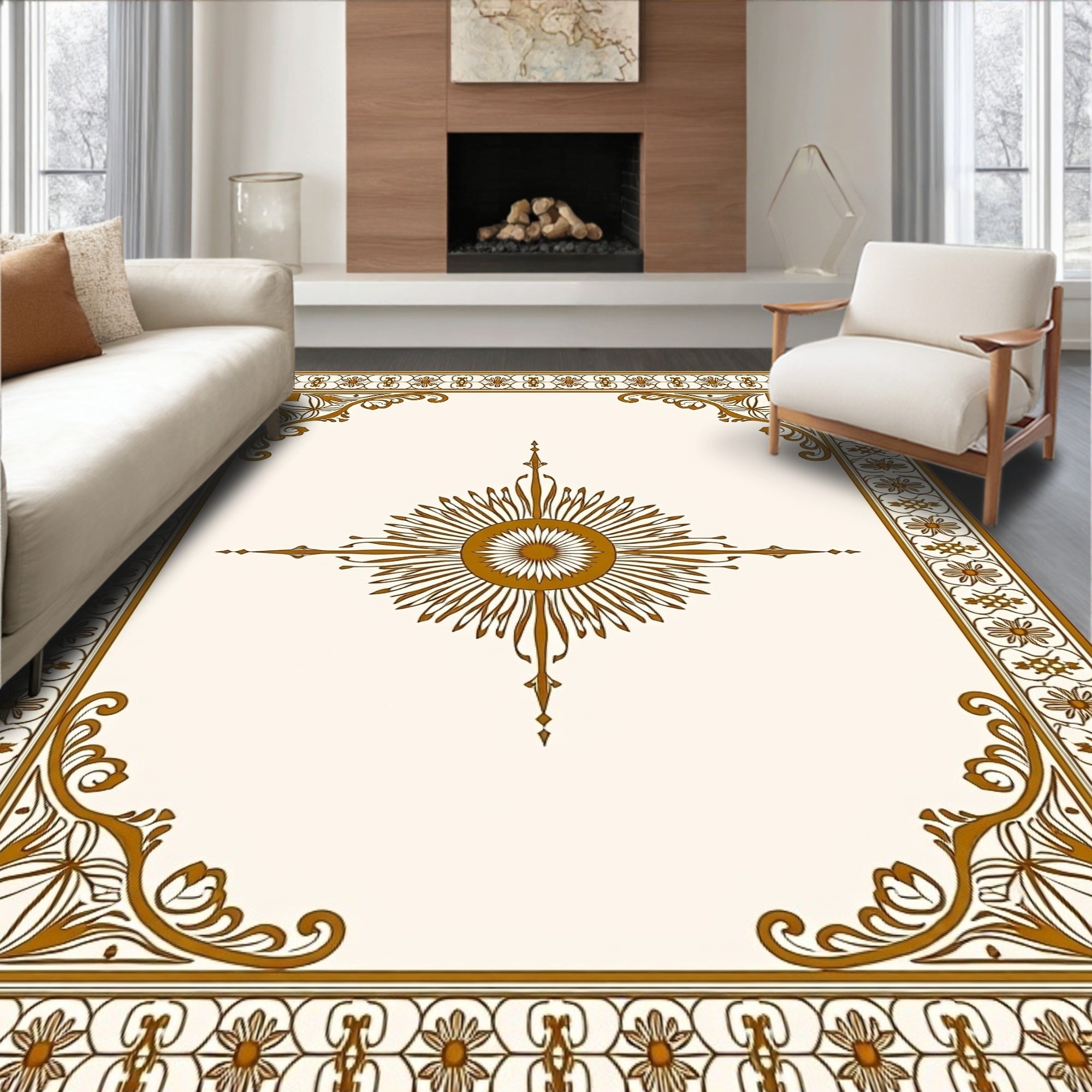 Geometric Starburst Floral Border Pattern Rug