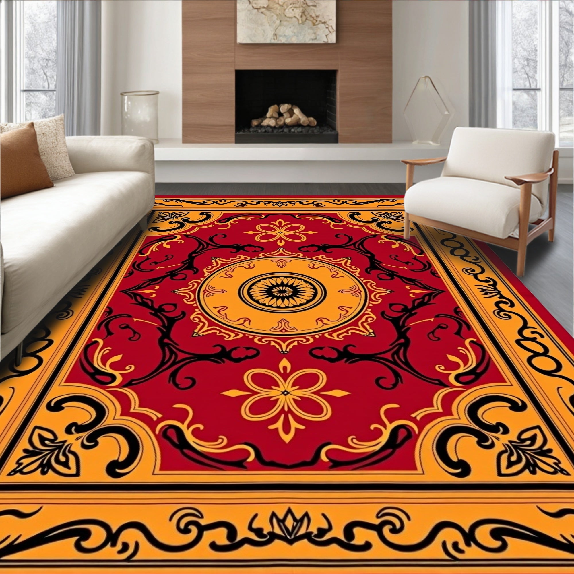 Ornate Red Gold Floral Medallion Runner Rug