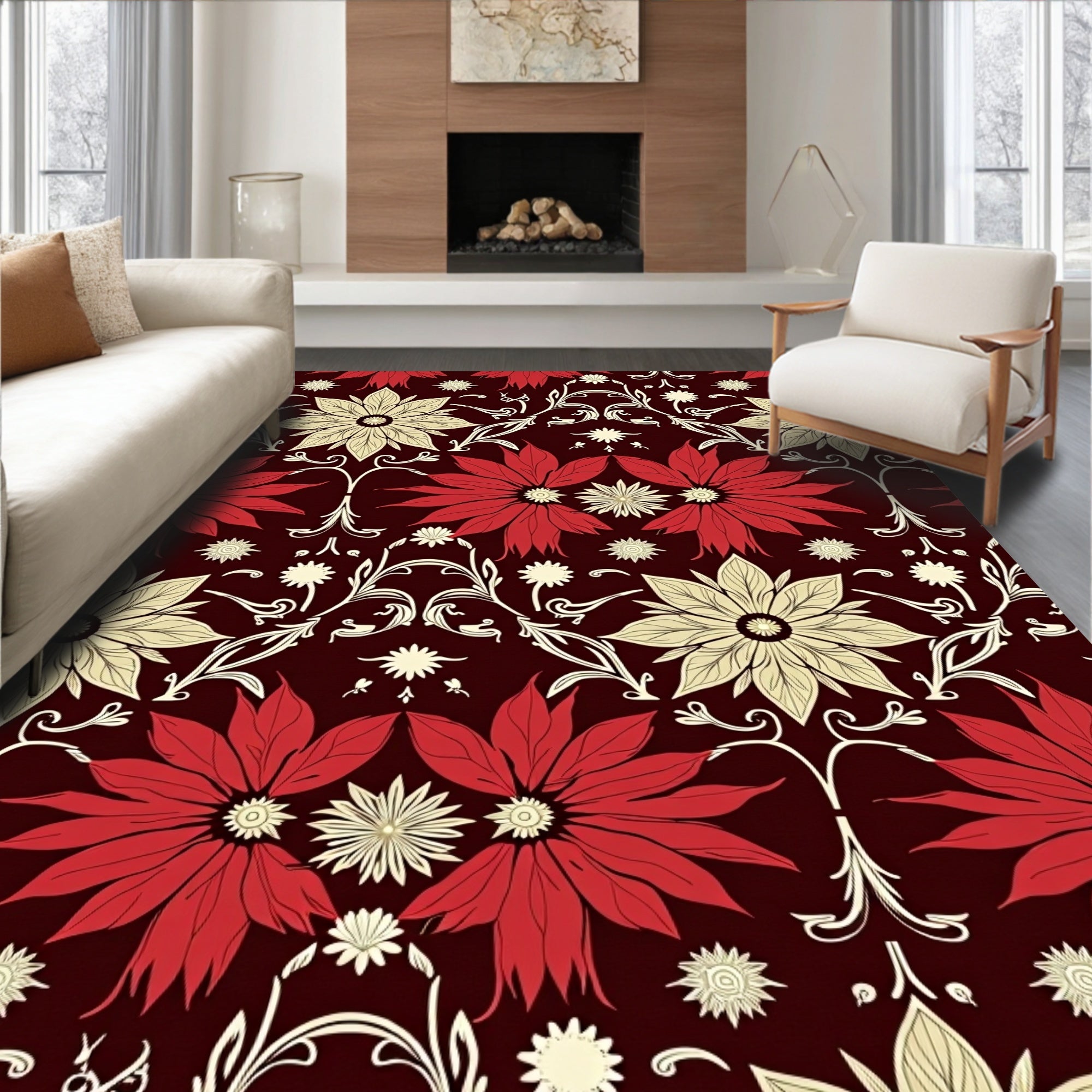 Floral Damask Pattern With Red Blooms Rug