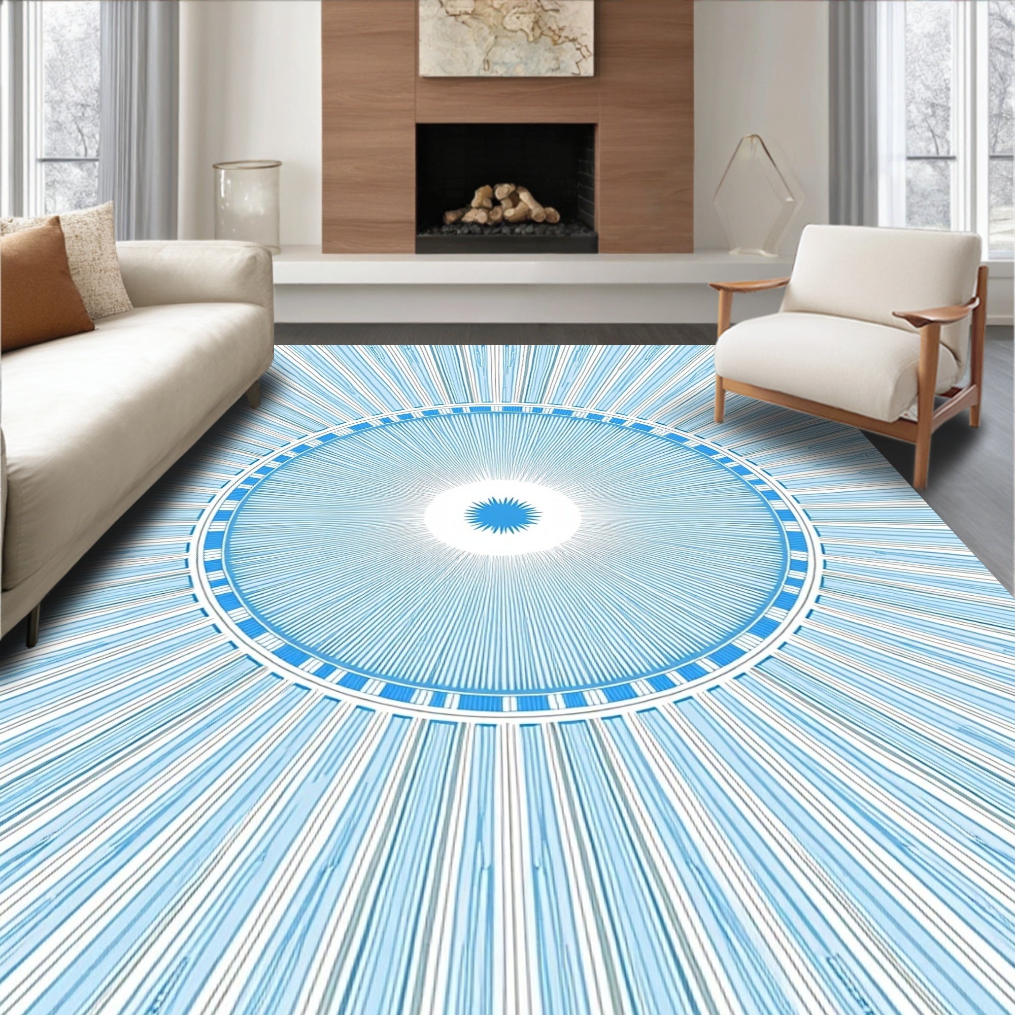 Radiating Blue Geometric Sunburst Pattern Rug